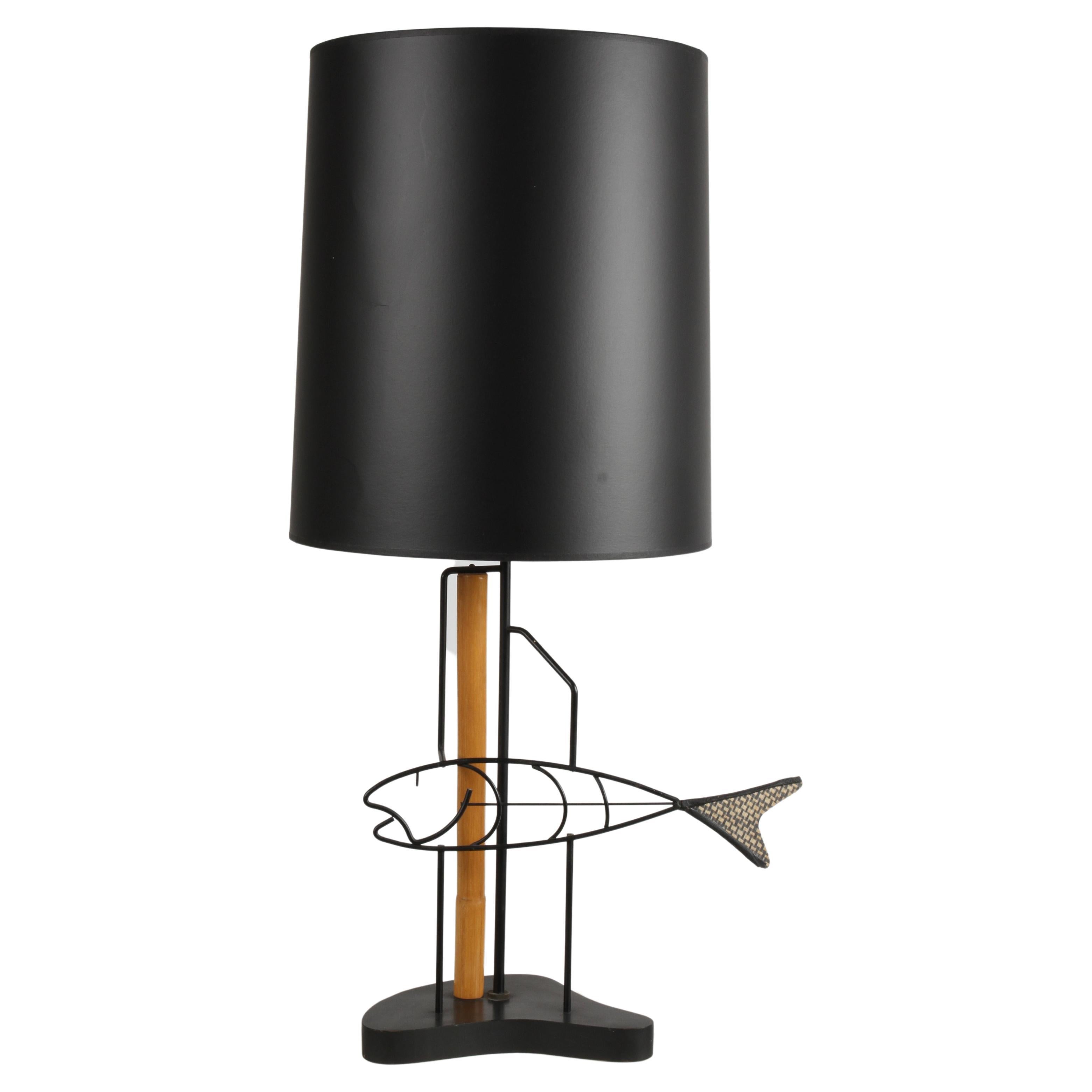 Mid-Century Modern Wrought Iron Fish From, Bamboo Table Lamp on Biomorphic Base For Sale