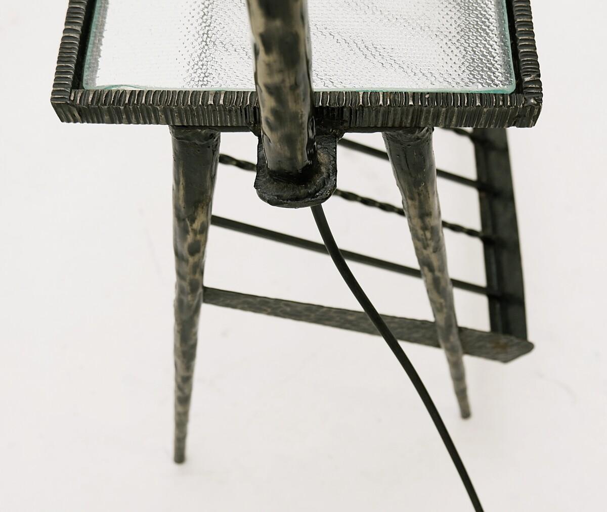 Mid-Century Modern Wrought Iron Floor Lamp with Table/Magazine Rack.