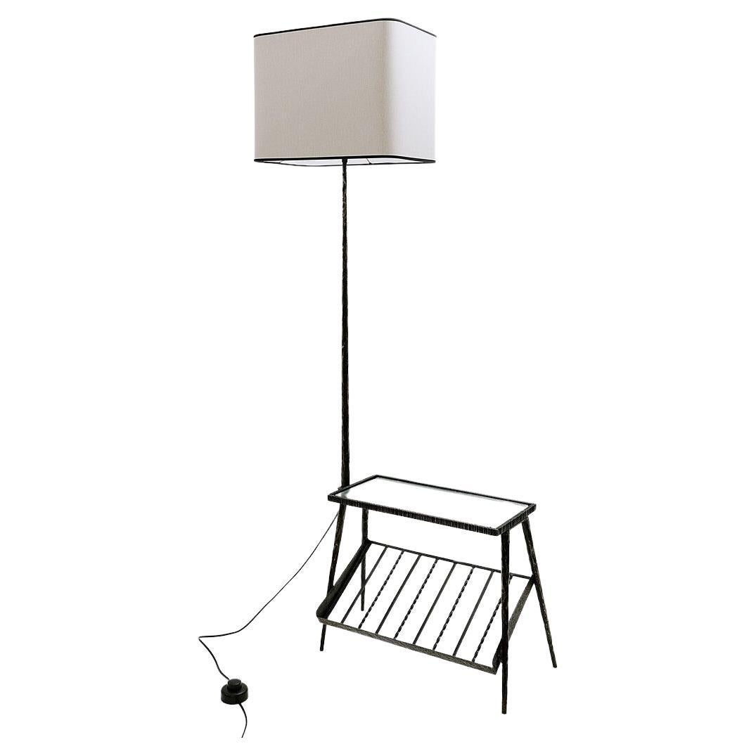 Mid-Century Modern Wrought Iron Floor Lamp with Table/Magazine Rack For Sale