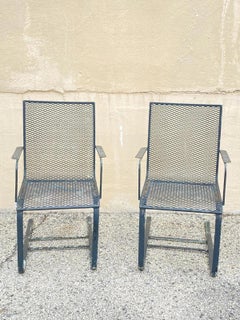 Mid Century Modern Wrought Iron Metal Mesh Cantilever Garden Patio Chair - Pair