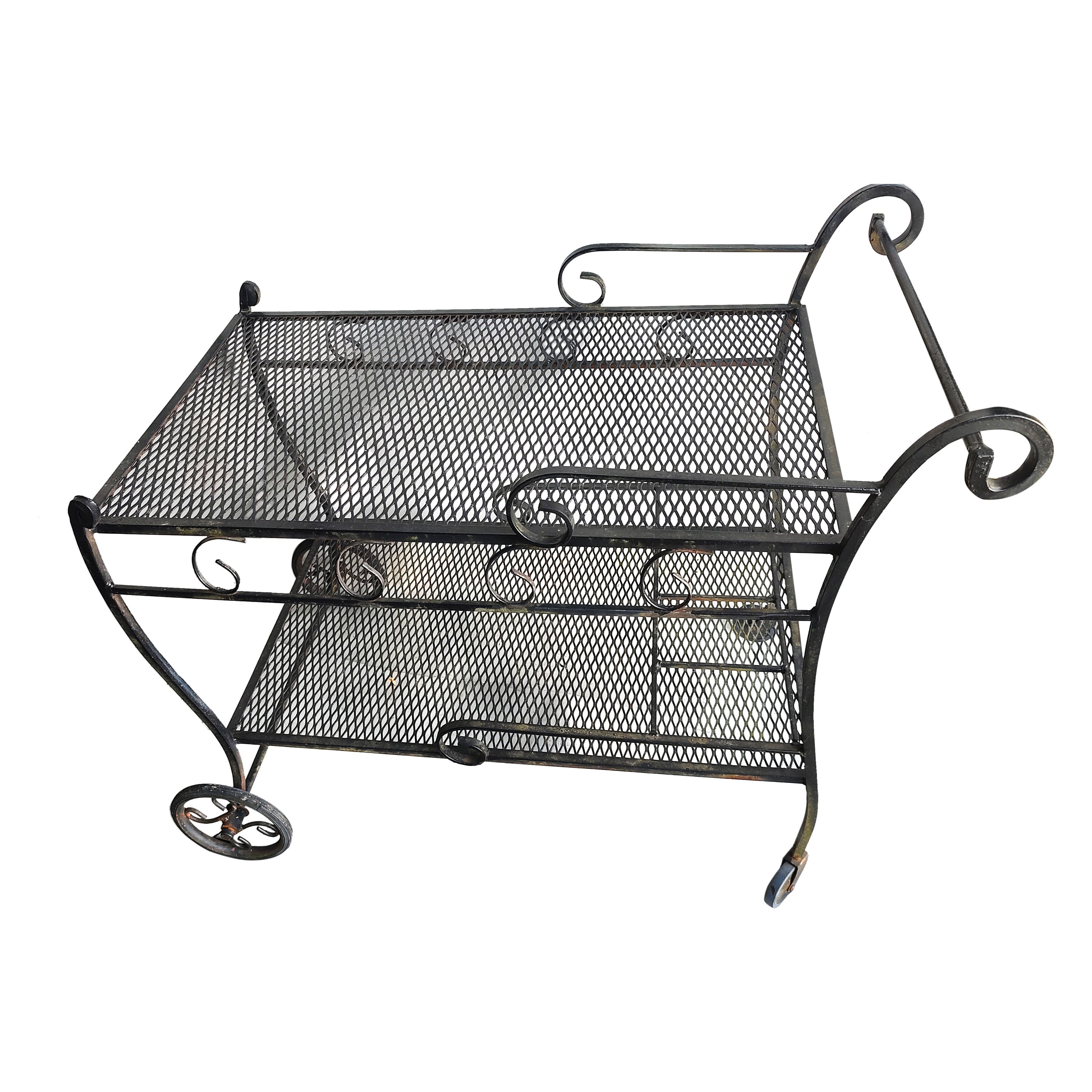 Hand-Crafted Mid-Century Modern Wrought Iron Outdoor Bar Cart with Liquor Bottle Holder