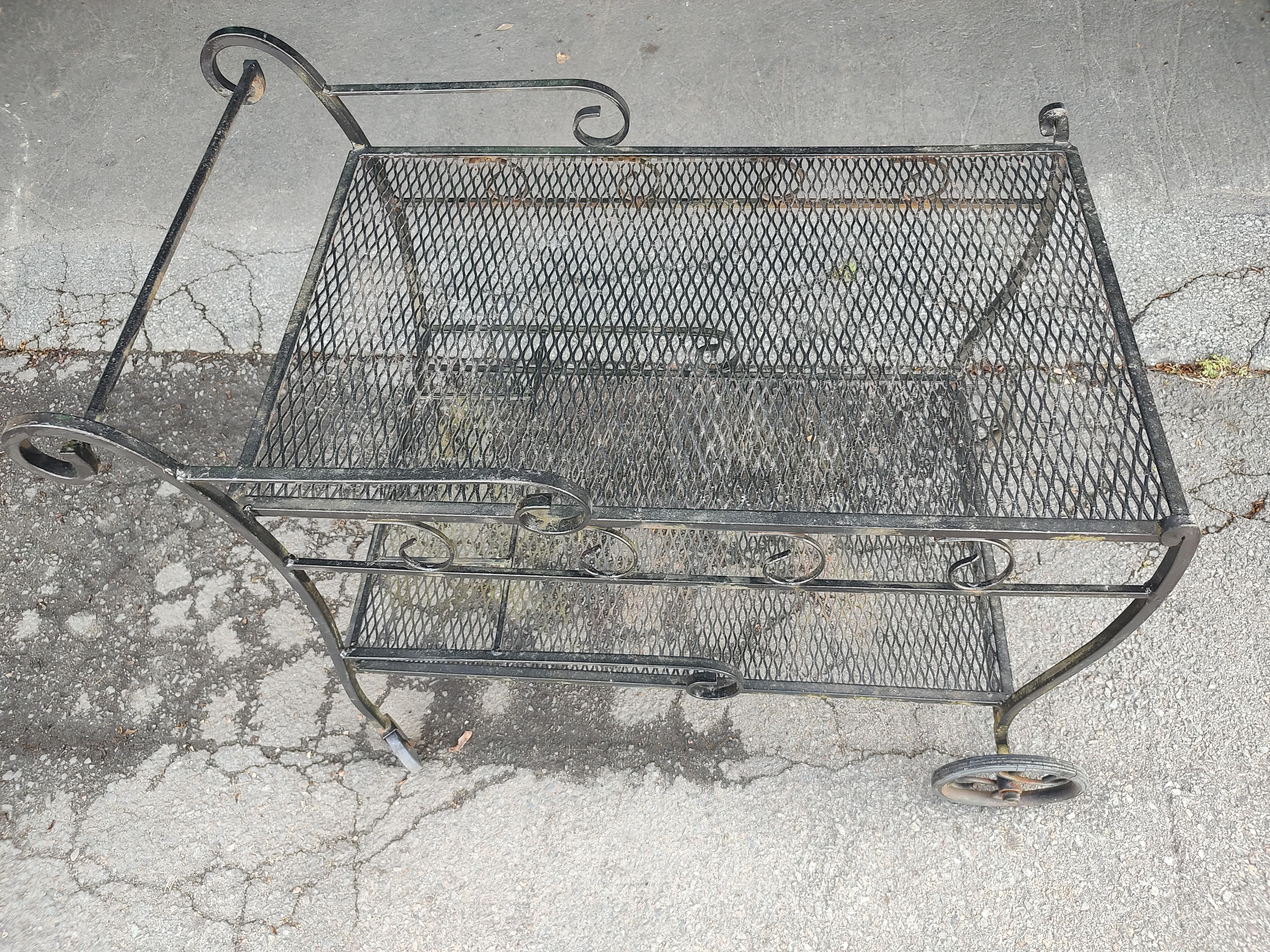Mid-20th Century Mid-Century Modern Wrought Iron Outdoor Bar Cart with Liquor Bottle Holder For Sale
