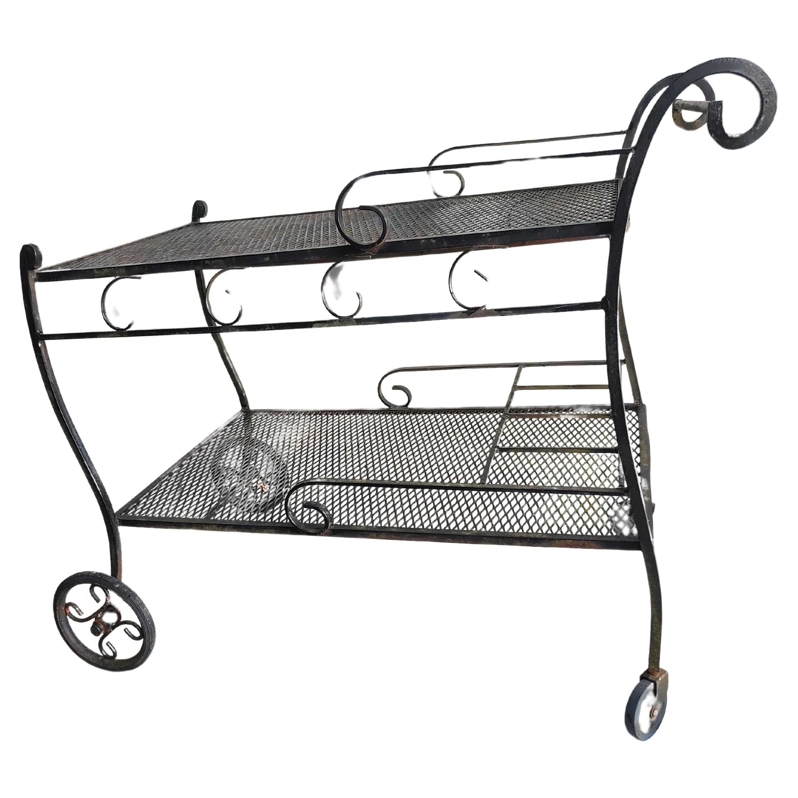 Mid-Century Modern Wrought Iron Outdoor Bar Cart with Liquor Bottle Holder