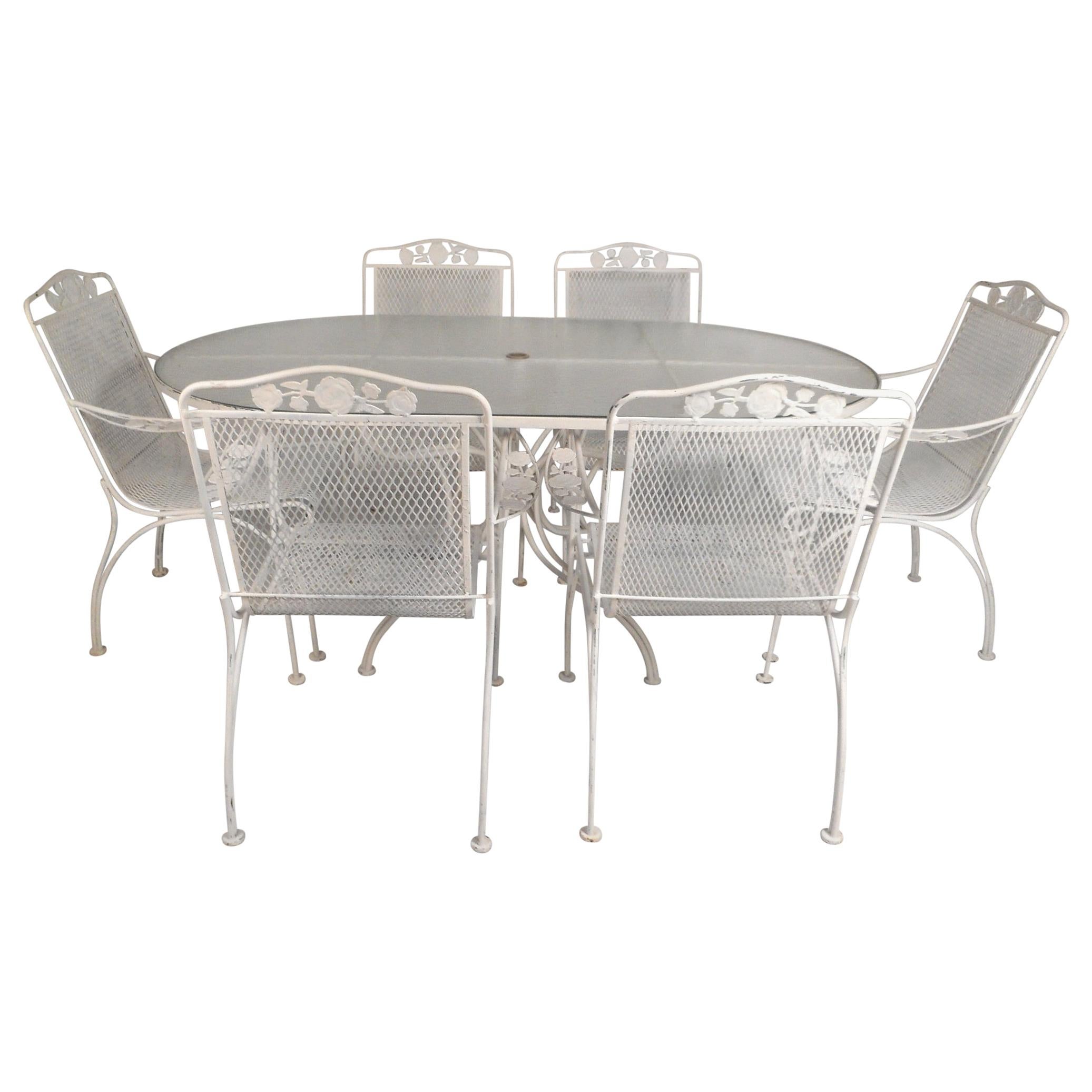 Mid-Century Modern Wrought Iron Patio Dining Table and Six Chairs