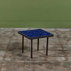 Mid-Century Modern Wrought Iron Side Table with Blue Mosaic Top, USA