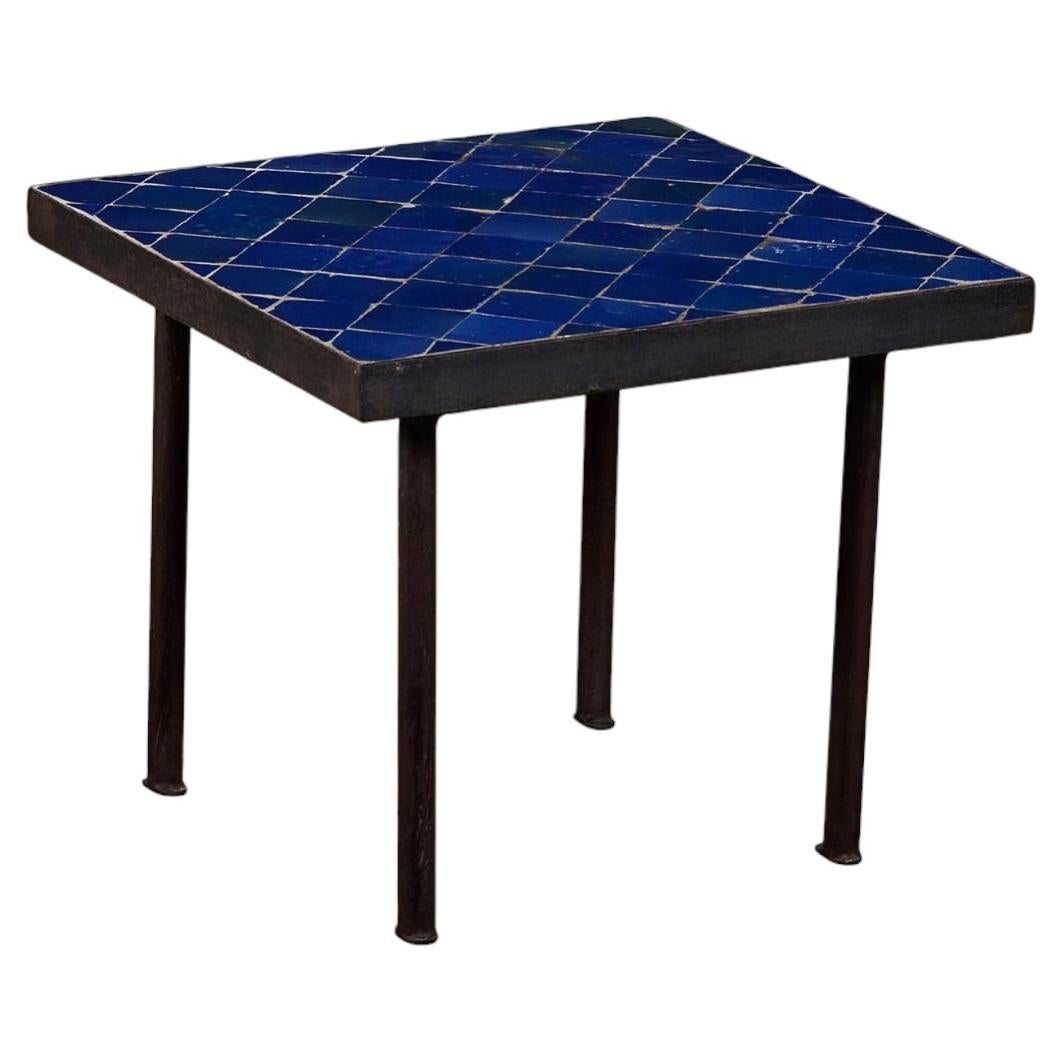 Mid-Century Modern Wrought Iron Side Table with Blue Mosaic Top, USA