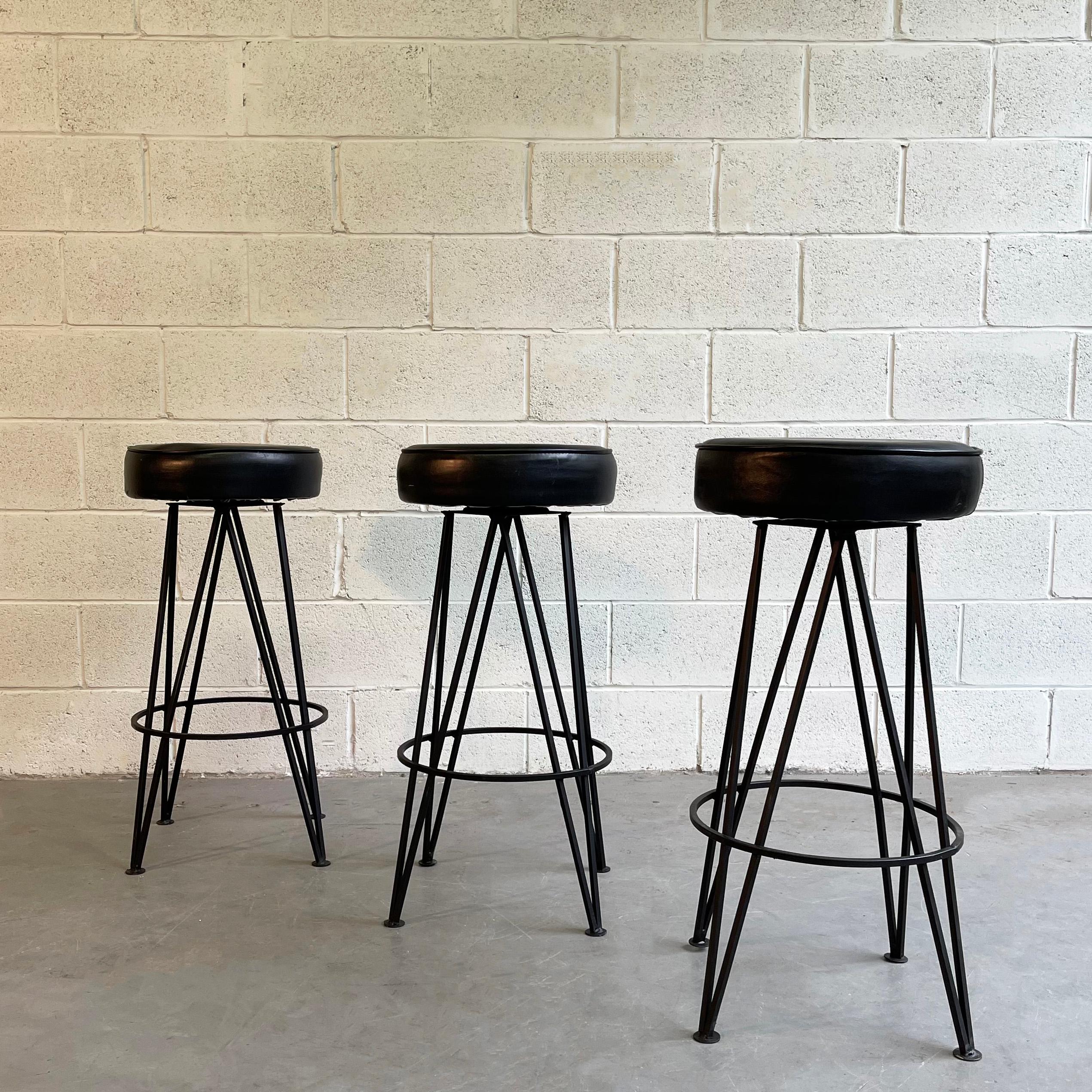 American Mid-Century Modern Wrought Iron Upholstered Bar Stools