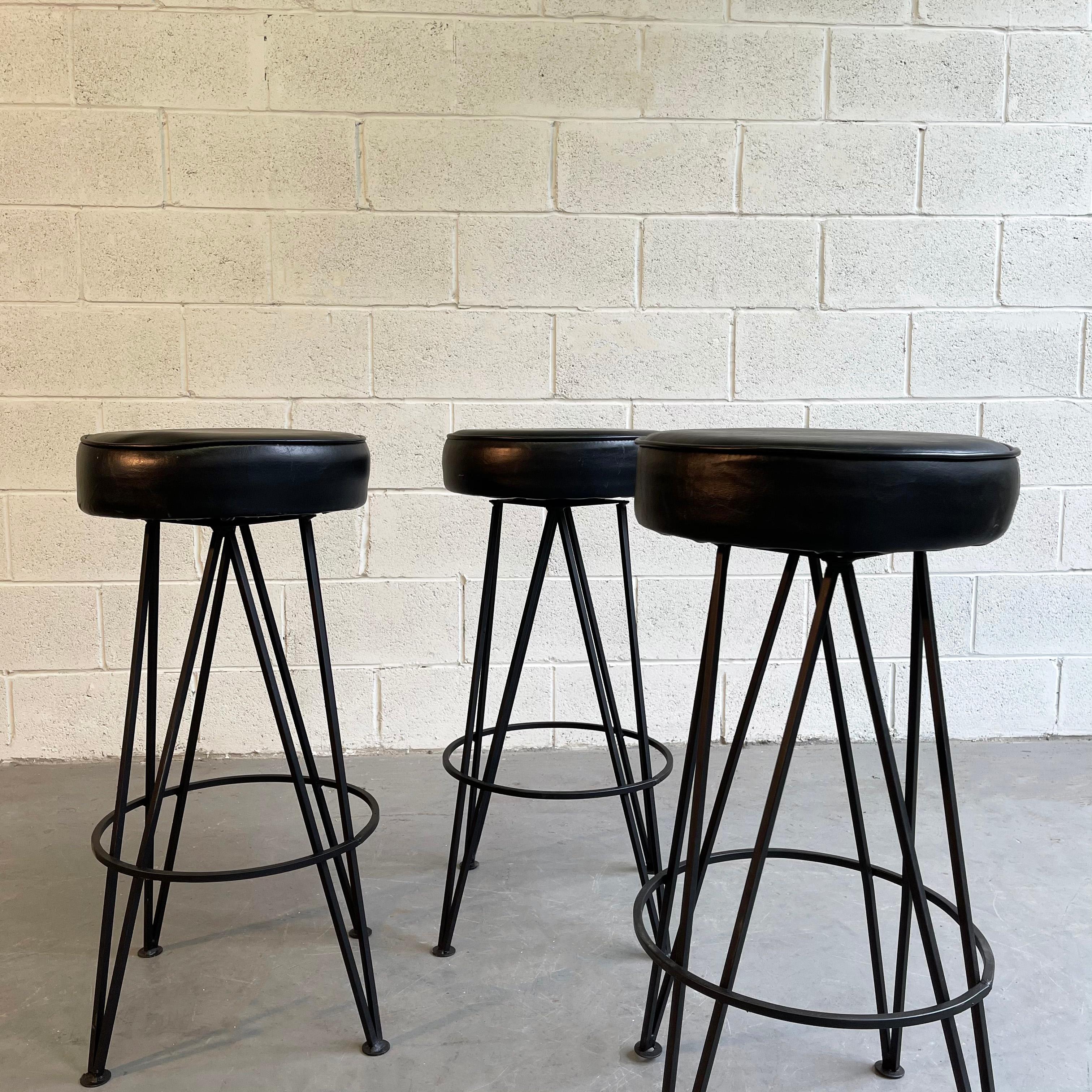 Faux Leather Mid-Century Modern Wrought Iron Upholstered Bar Stools