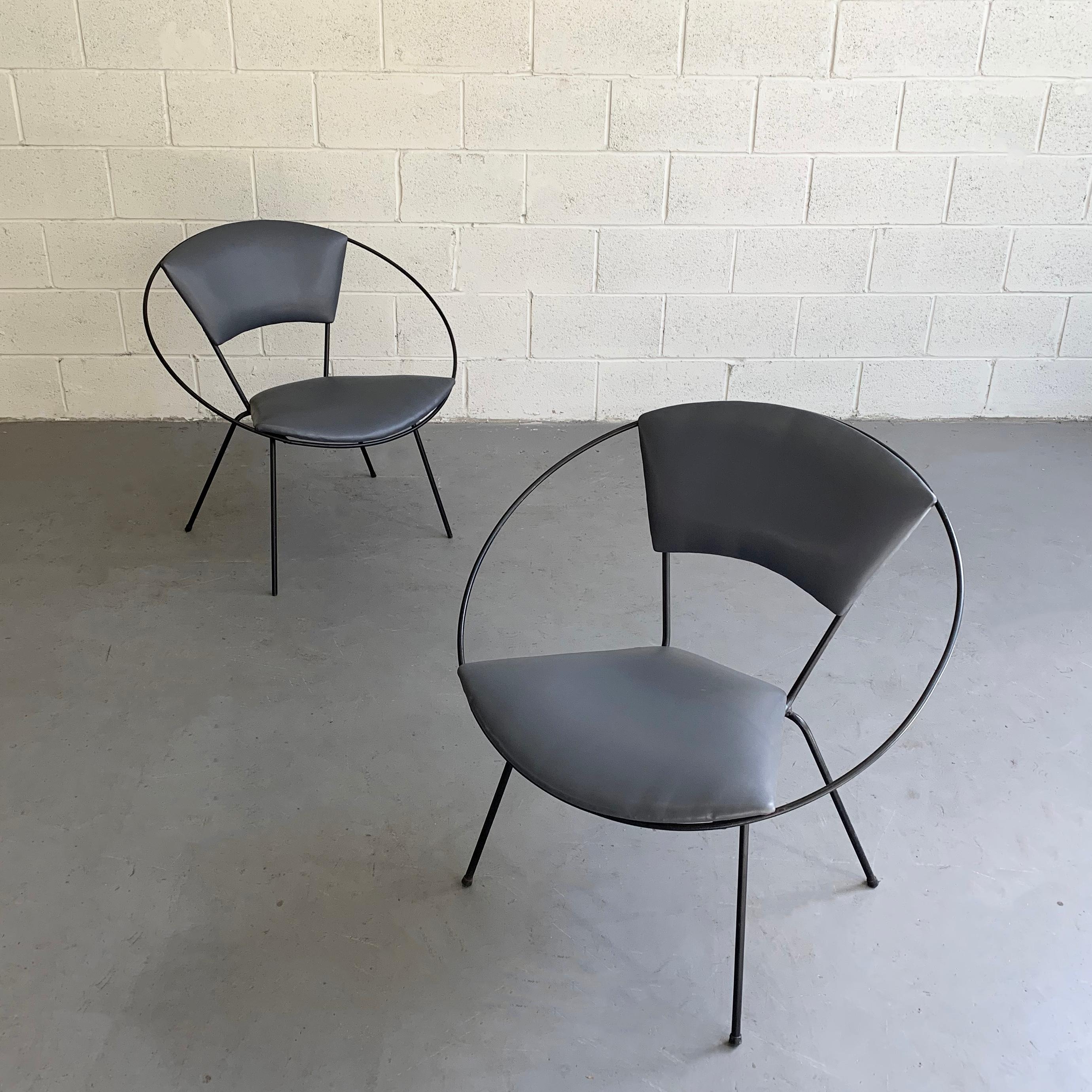 Pair of atomic, mod, Mid-Century Modern, wrought iron, hoop chairs upholstered in deep aubergine, gray vinyl.