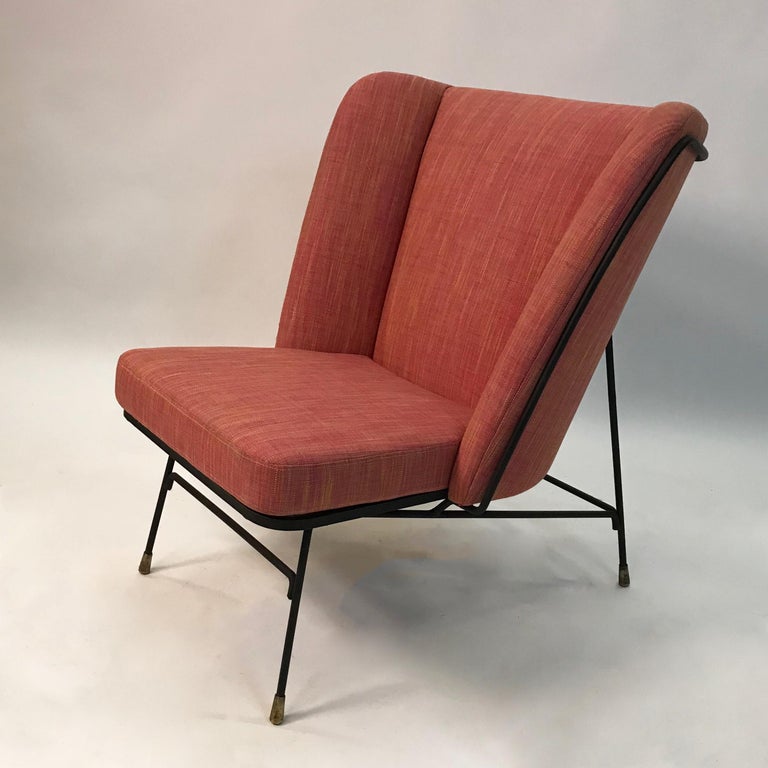 Mid-Century Modern Wrought Iron Upholstered Wingback Chair For Sale at