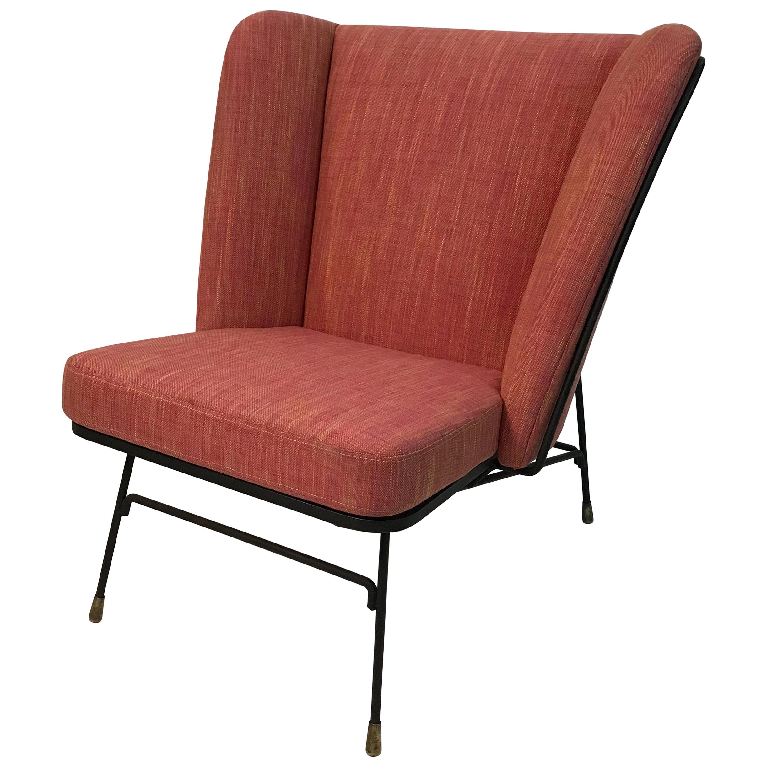 Mid-Century Modern Wrought Iron Upholstered Wingback Chair