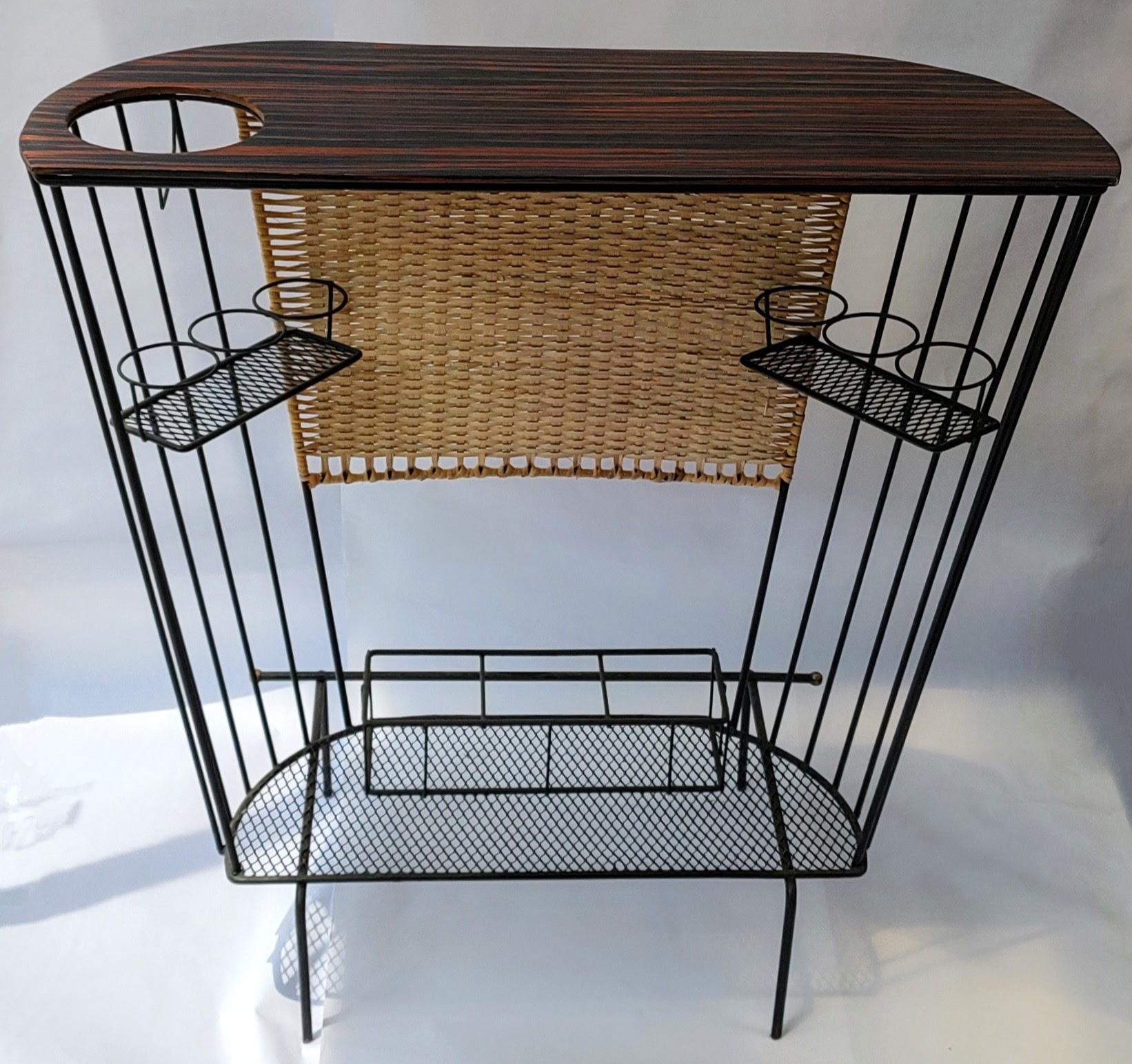 Mid-Century Modern Mid Century Modern Wrought Iron wicker and wood Compact Bar by Tony Paul For Sale