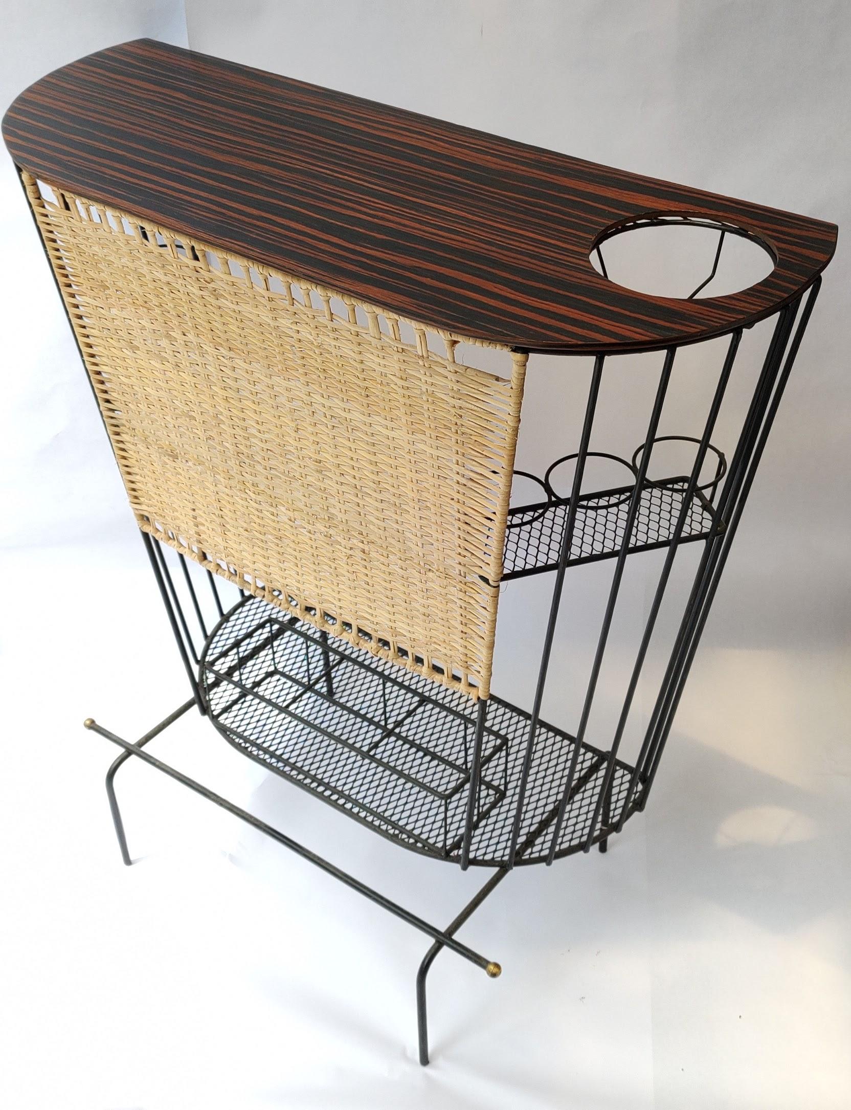 American Mid Century Modern Wrought Iron wicker and wood Compact Bar by Tony Paul For Sale