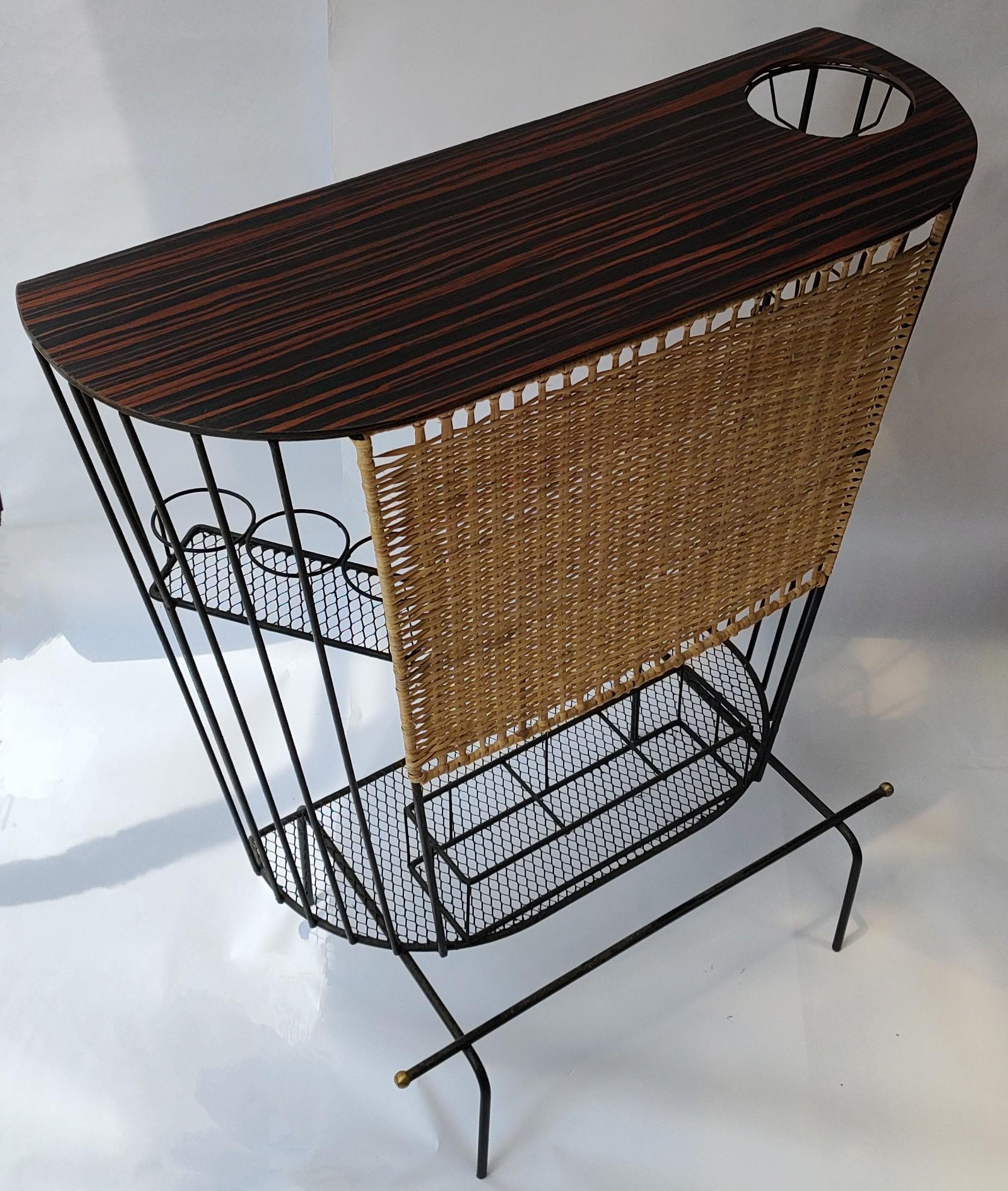 Welded Mid Century Modern Wrought Iron wicker and wood Compact Bar by Tony Paul For Sale