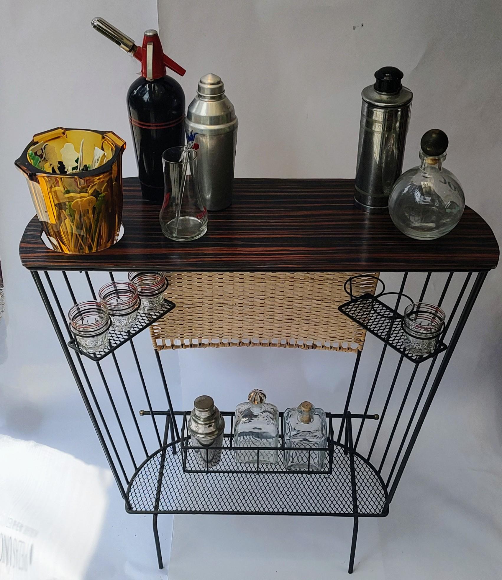 Mid-20th Century Mid Century Modern Wrought Iron wicker and wood Compact Bar by Tony Paul For Sale