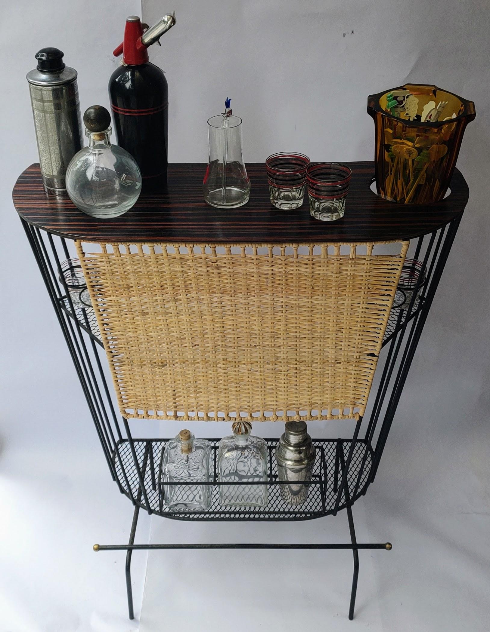 Wicker Mid Century Modern Wrought Iron wicker and wood Compact Bar by Tony Paul For Sale