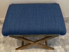 Mid-Century Modern X-Base Bench in Burnished Brass and Blue Upholstery