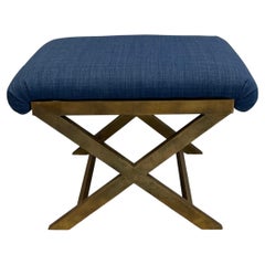 Mid-Century Modern X-Base Bench in Burnished Brass and Blue Upholstery