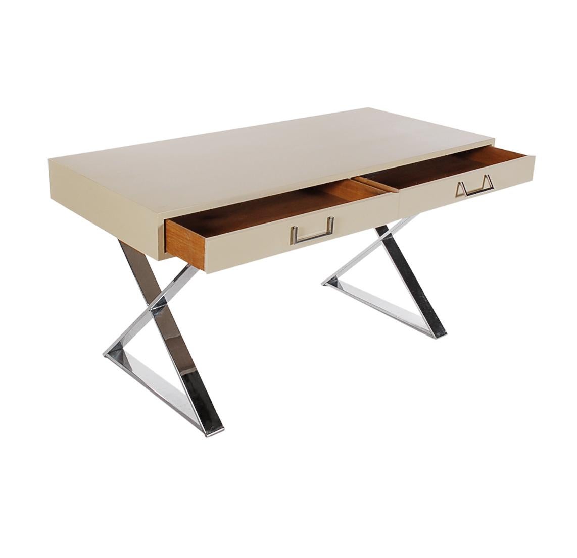 American Mid-Century Modern X-Base Campaign Desk by Milo Baughman in Off-White Lacquer