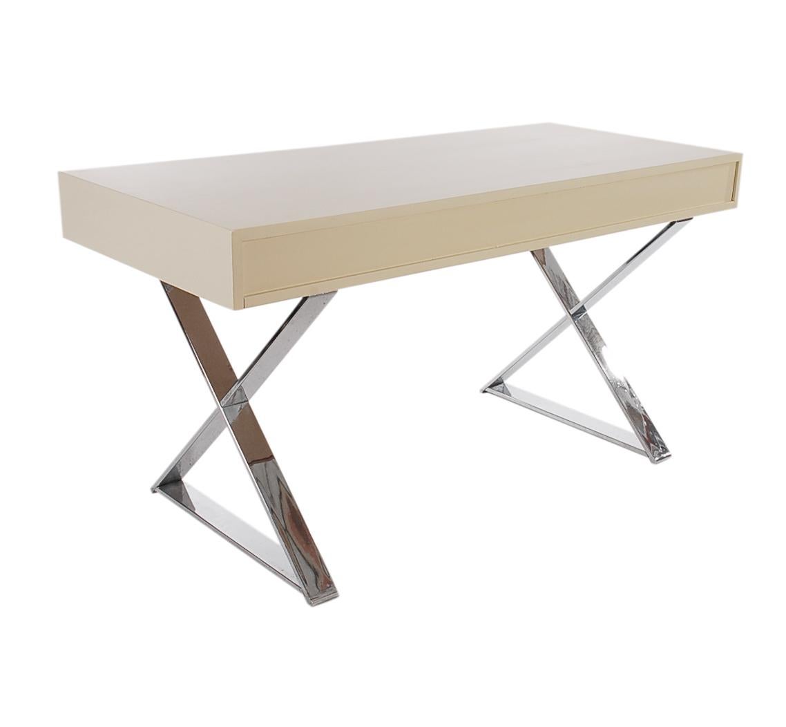 Chrome Mid-Century Modern X-Base Campaign Desk by Milo Baughman in Off-White Lacquer