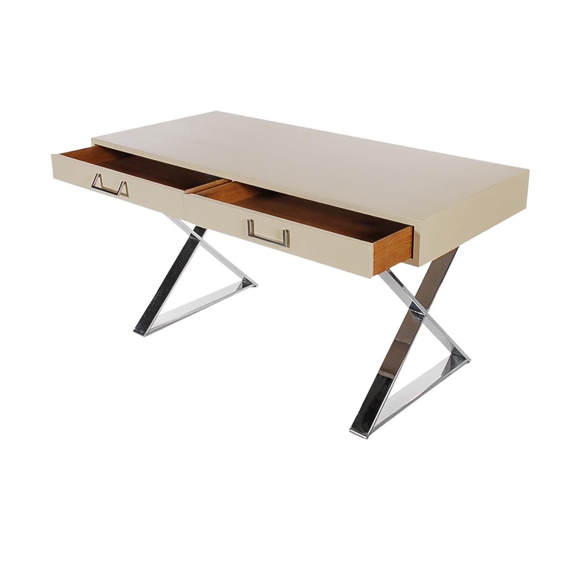 Mid-Century Modern X-Base Campaign Desk by Milo Baughman in Off-White Lacquer 1