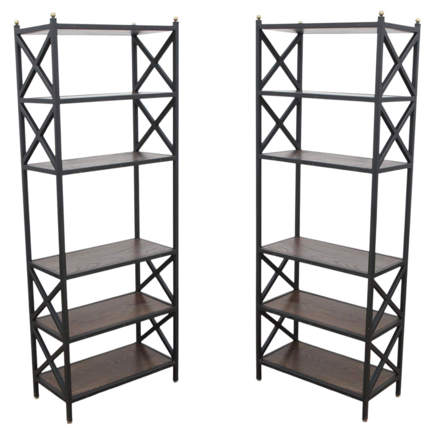 Mid-Century Modern X-Frame Black Iron & Wood Bookcase / Étagère (c. 1970s) For Sale