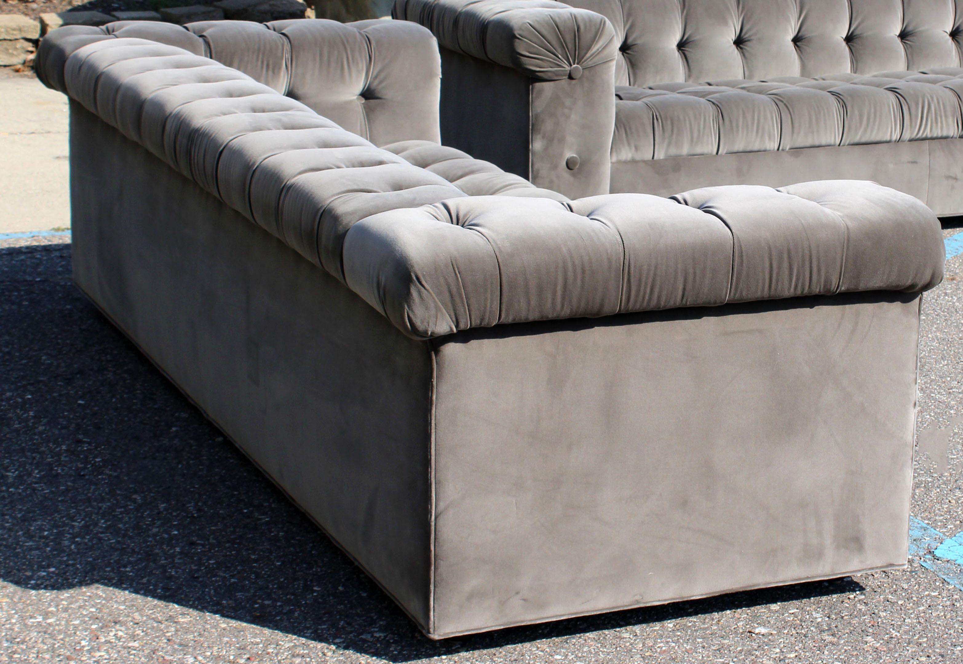 Mid-Century Modern X-Long Dunbar Tufted Grey Velvet Party Sofa Model #7160 In Good Condition In Keego Harbor, MI