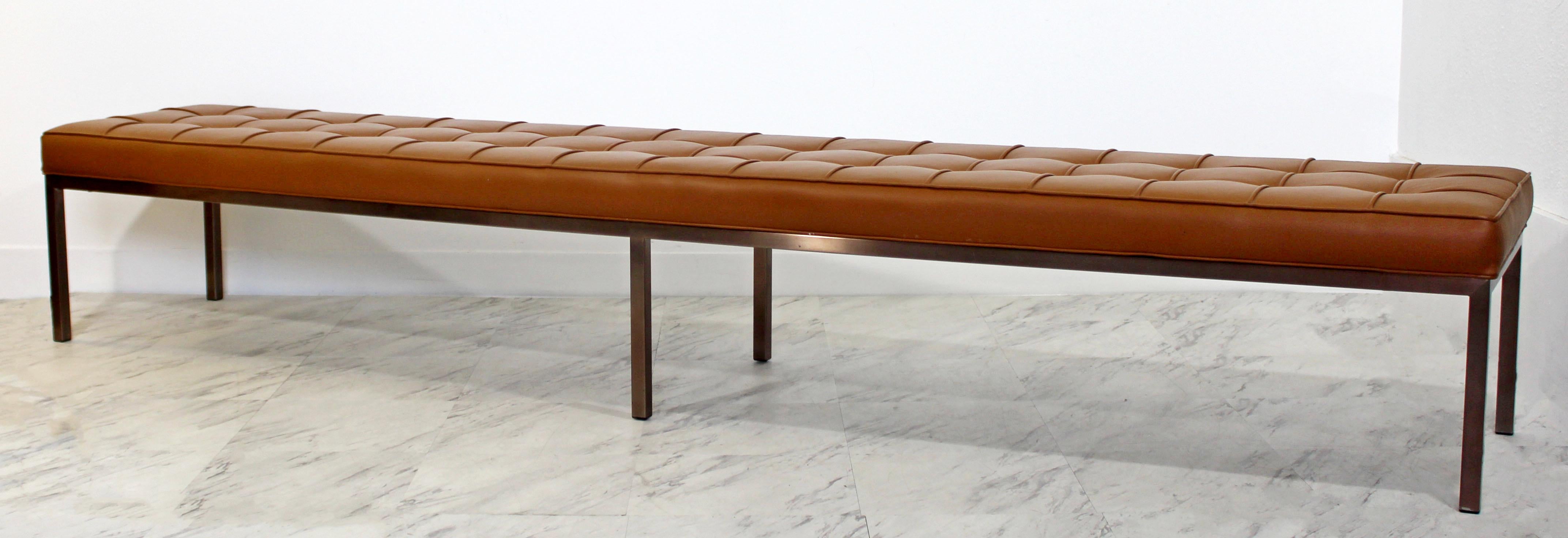 Mid-Century Modern X-Long Tufted Museum Leather Bench Bronze Finish Base, 1970s 3