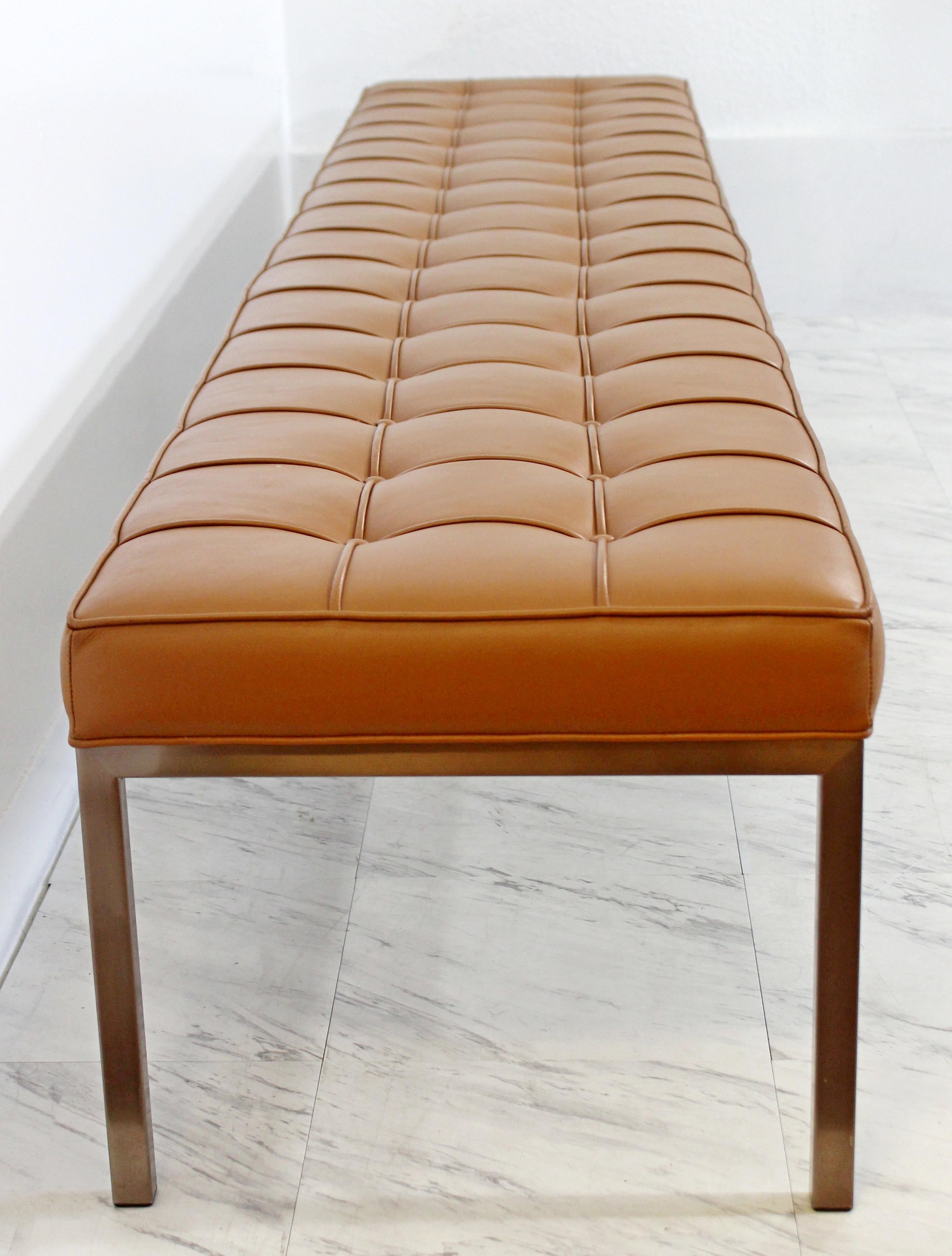 Mid-Century Modern X-Long Tufted Museum Leather Bench Bronze Finish Base, 1970s 4