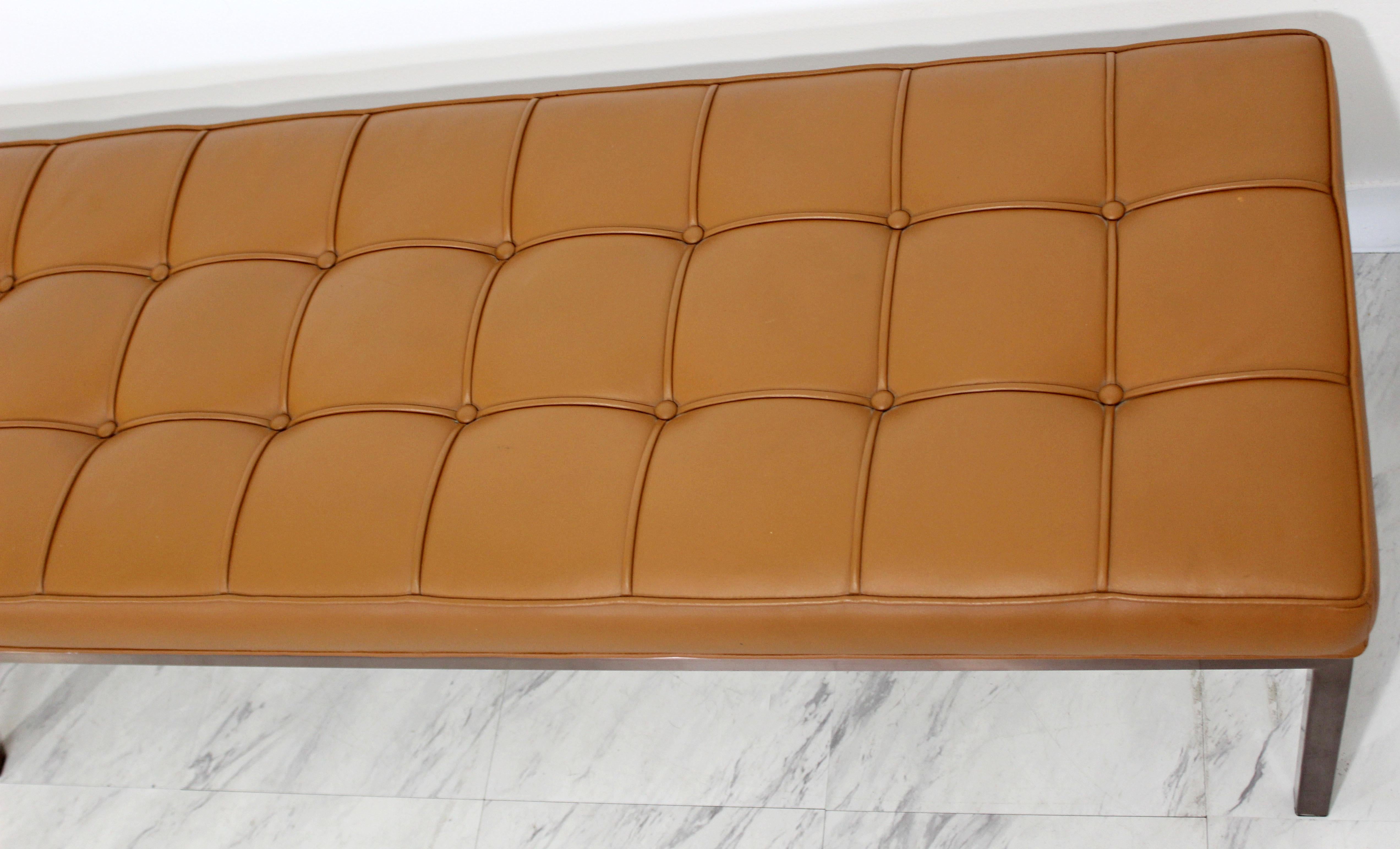 Mid-Century Modern X-Long Tufted Museum Leather Bench Bronze Finish Base, 1970s In Good Condition In Keego Harbor, MI