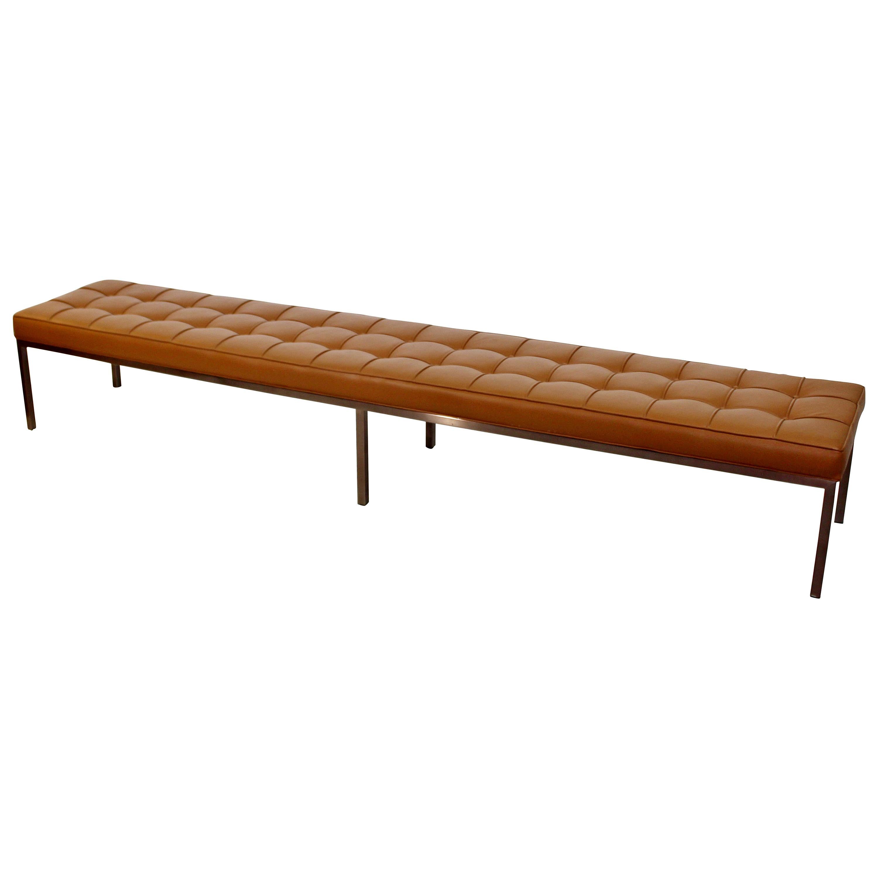Mid-Century Modern X-Long Tufted Museum Leather Bench Bronze Finish Base, 1970s
