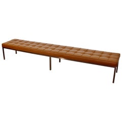 Mid-Century Modern X-Long Tufted Museum Leather Bench Bronze Finish Base, 1970s