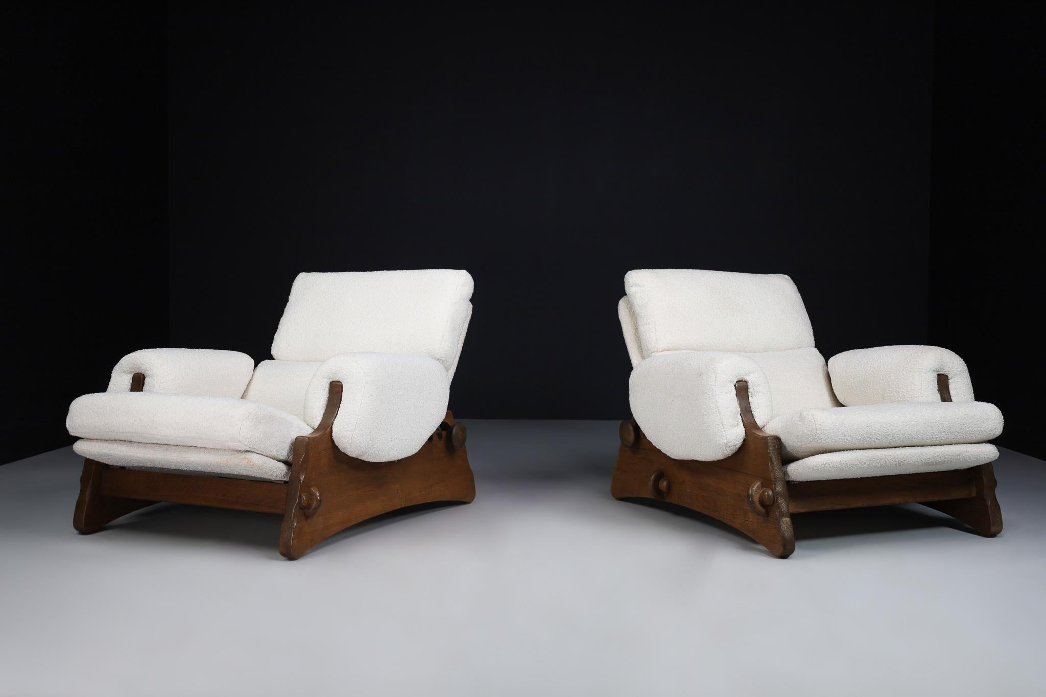 Mid-Century Modern XL Brutalist Lounge Chairs in Oak and Bouclé, Spain 1960s. 

These are Mid-Century Modern XL Brutalist Lounge Chairs made of Oak and Bouclé, originating from Spain in the 1960s. They make for a stunning addition to any interior,
