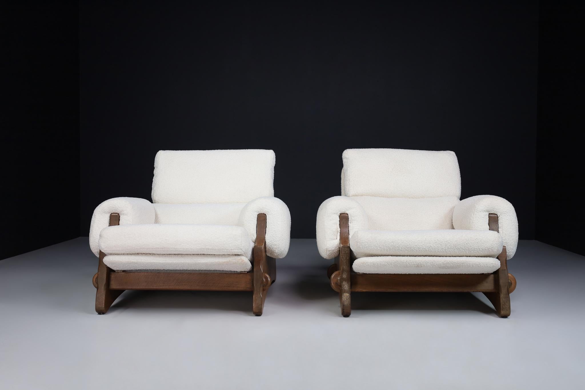 Spanish Mid-Century Modern XL Brutalist Lounge Chairs in Oak and Bouclé, Spain 1960s