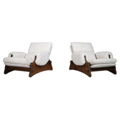 Vintage Mid-Century Modern XL Brutalist Lounge Chairs in Oak and Bouclé, Spain 1960s