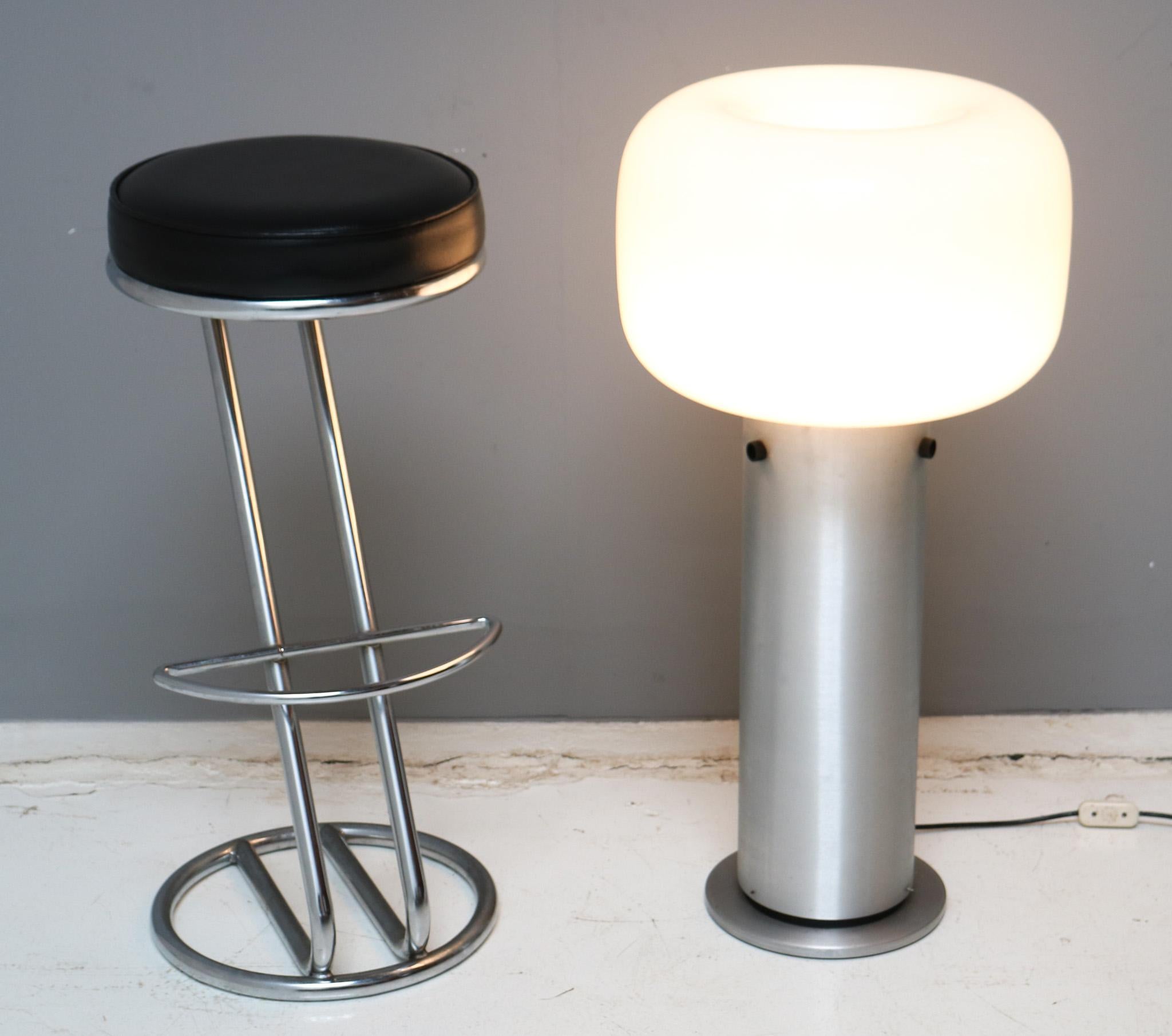 Magnificent and ultra rare Mid-Century Modern XL floor lamp.
Design by the famous Glasshütte Limburg company.
Striking German design from the 1970s.
Original brushed nickel-plated metal base with original hand-blown milk glass shade.
One original