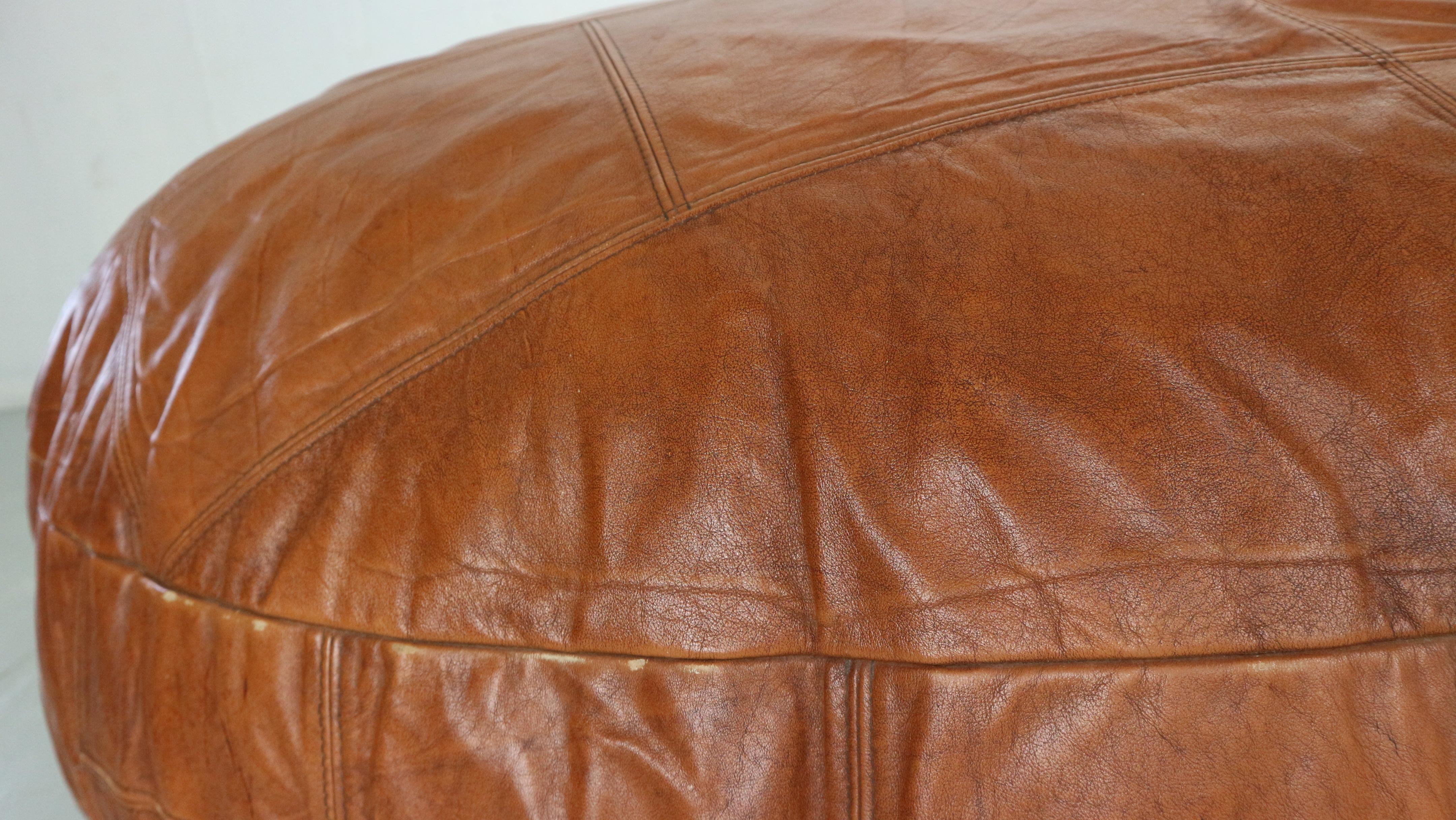 Mid-Century Modern XXL Patched Cognac Colour Leather Pouf, 1960's 12