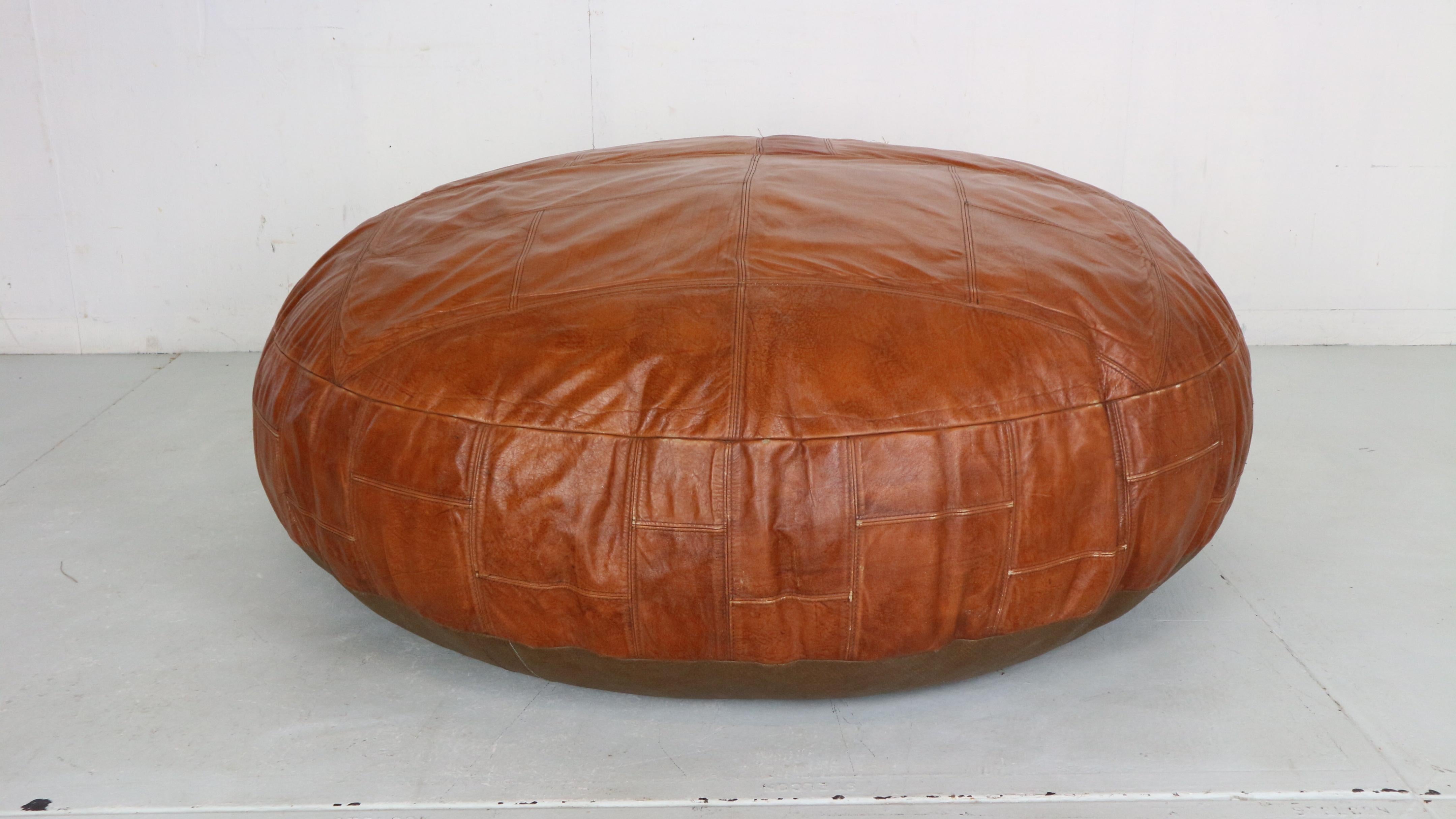 Mid-Century Modern XXL Patched Cognac Colour Leather Pouf, 1960's In Good Condition In The Hague, NL