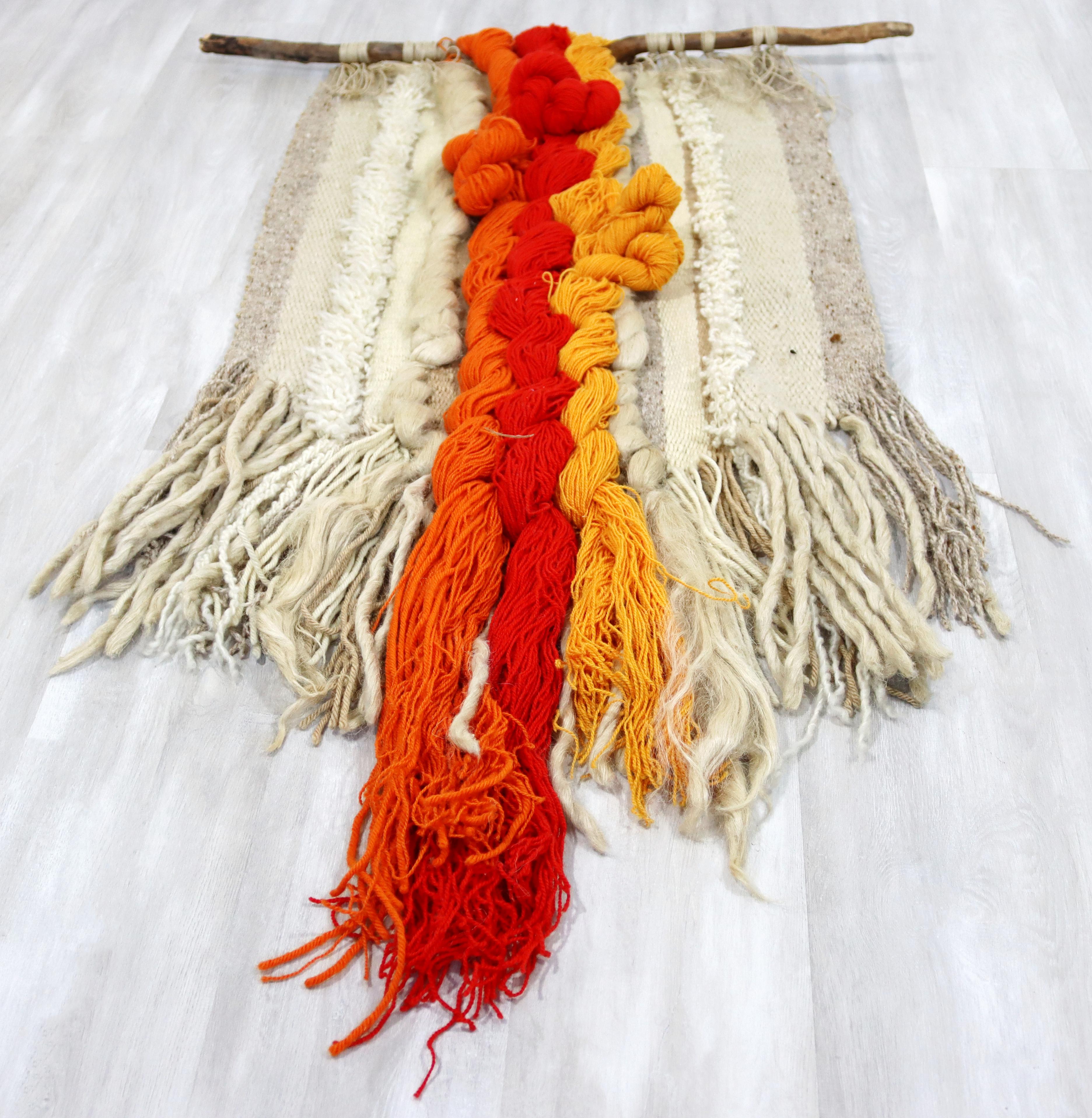 Mid-Century Modern Yarn Wool Tapestry Orange Red Yellow Fiber Art Sculpture Wood 1
