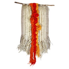 Mid-Century Modern Yarn Wool Tapestry Orange Red Yellow Fiber Art Sculpture Wood