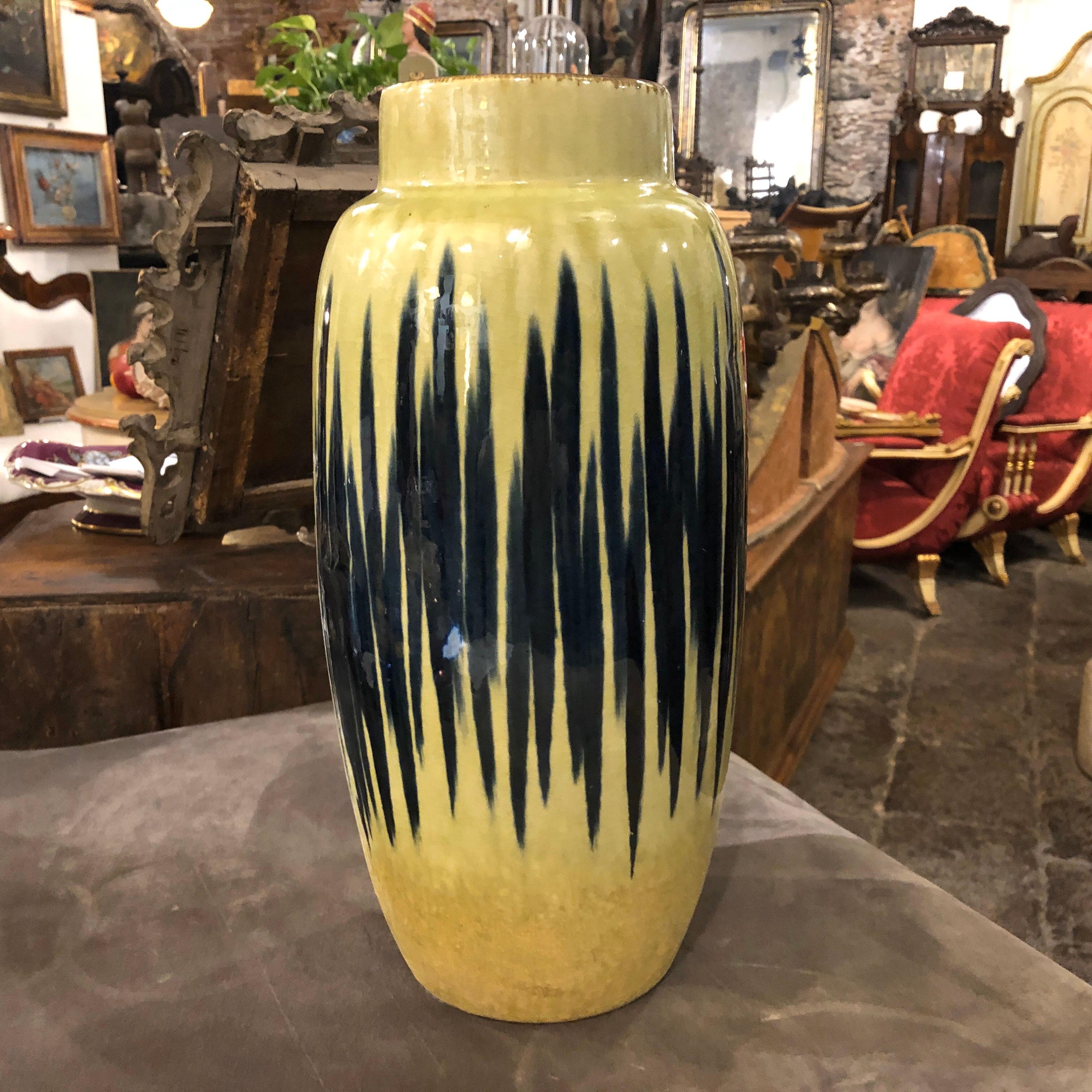 Mid-Century Modern Yellow and Blue Ceramic German Vase, circa 1970 4