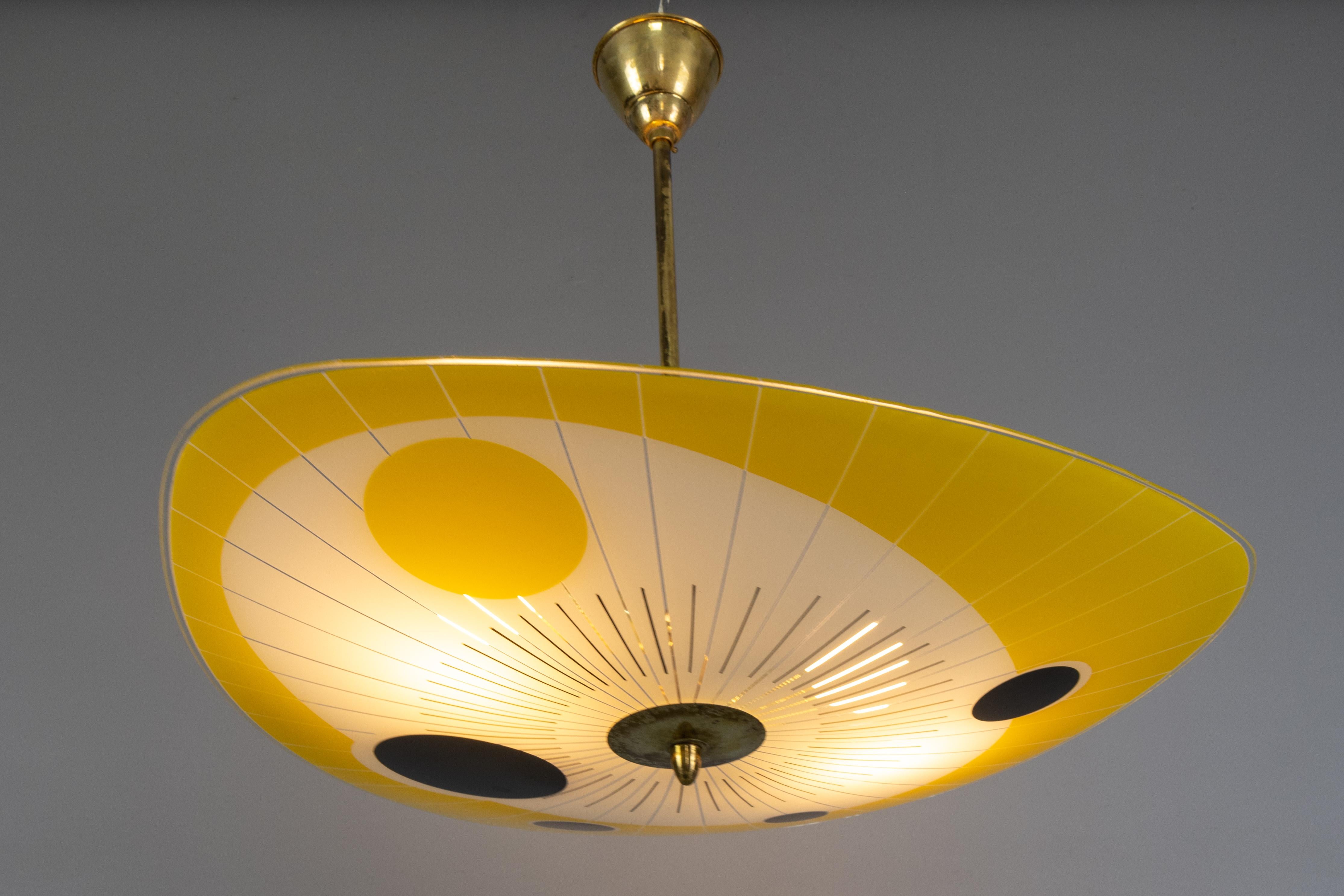 Mid-Century Modern Yellow, Black and White Glass and Brass Pendant Light, 1950s For Sale 6