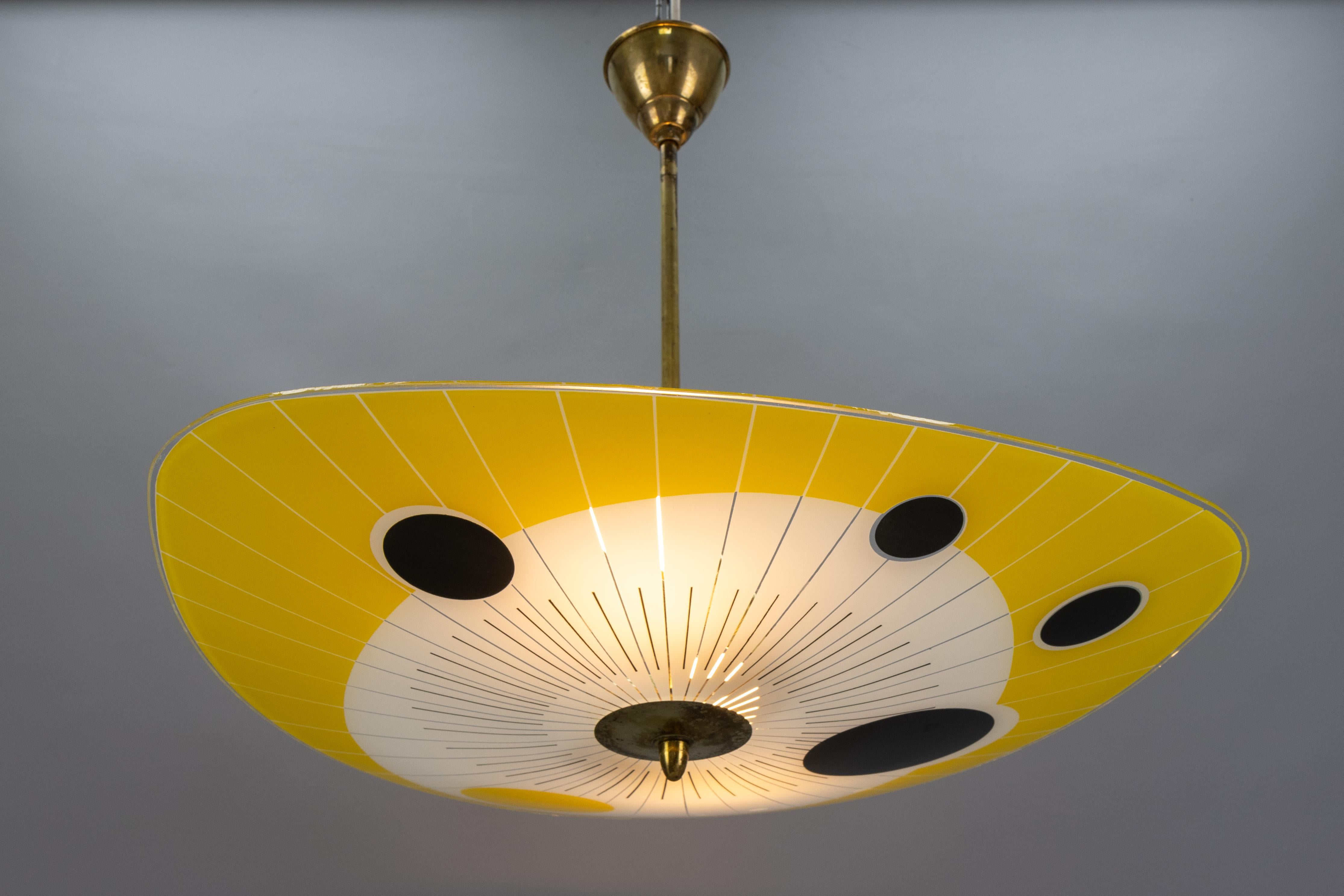 French Mid-Century Modern Yellow, Black and White Glass and Brass Pendant Light, 1950s For Sale