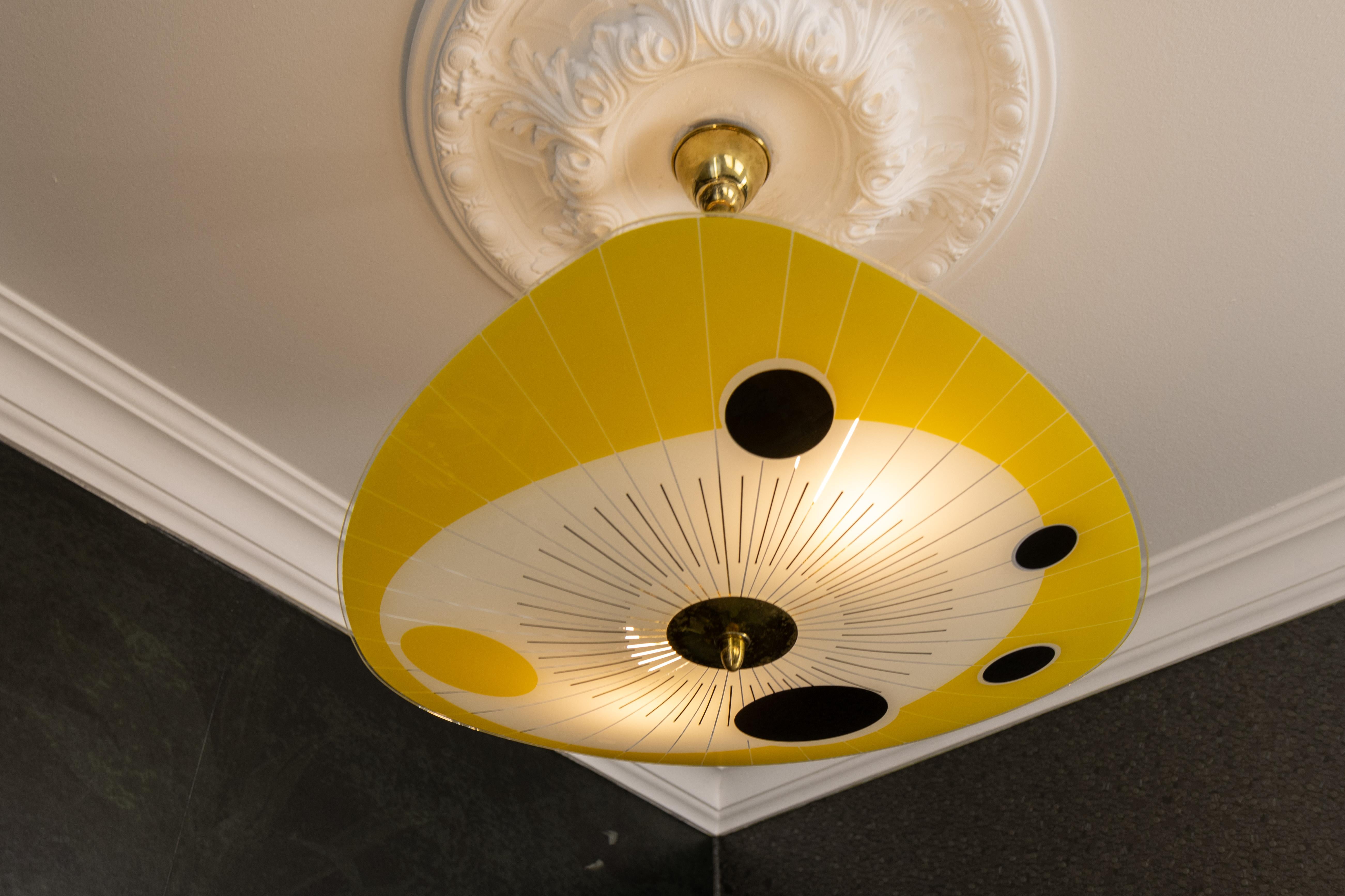 Mid-20th Century Mid-Century Modern Yellow, Black and White Glass and Brass Pendant Light, 1950s For Sale