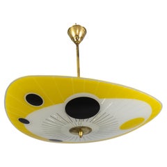 Mid-Century Modern Yellow, Black and White Glass and Brass Pendant Light, 1950s