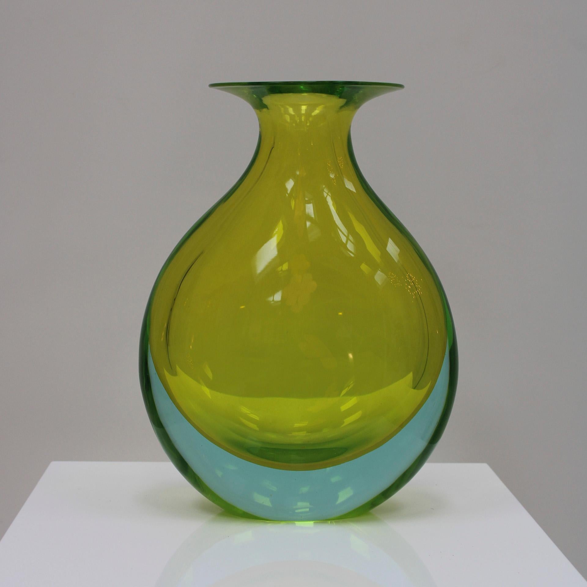 Italian Mid-Century Modern Yellow Blue Sommerso Murano Glass Vase by Flavio Poli 1950