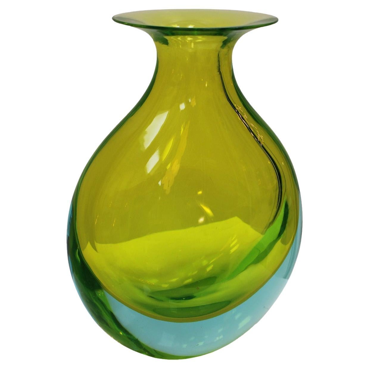 Mid-Century Modern Yellow Blue Sommerso Murano Glass Vase by Flavio Poli 1950 For Sale
