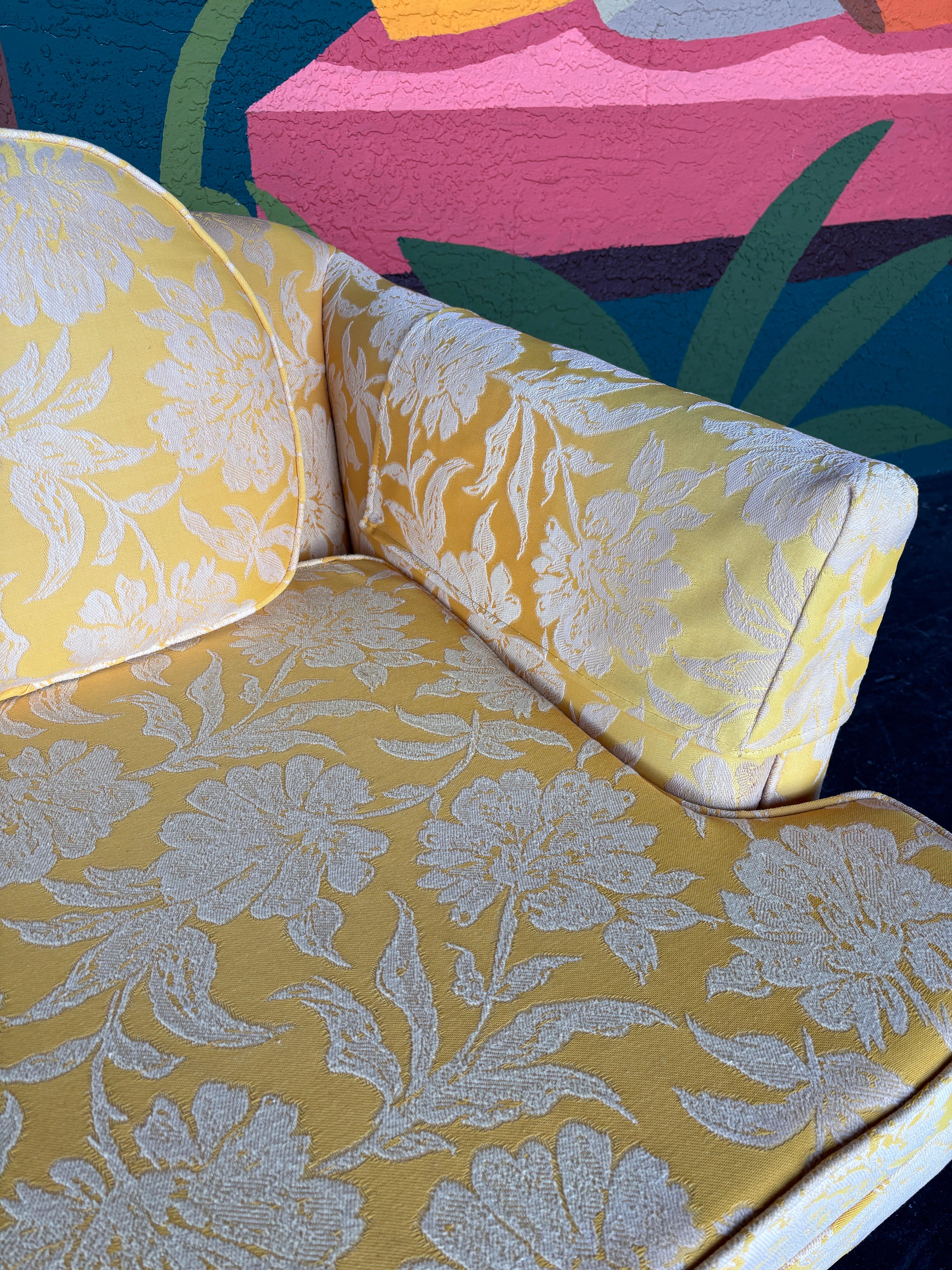 Mid Century Modern Yellow Floral Walnut Trim Sofa 3