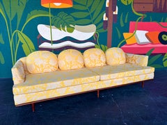 Mid Century Modern Yellow Floral Walnut Trim Sofa