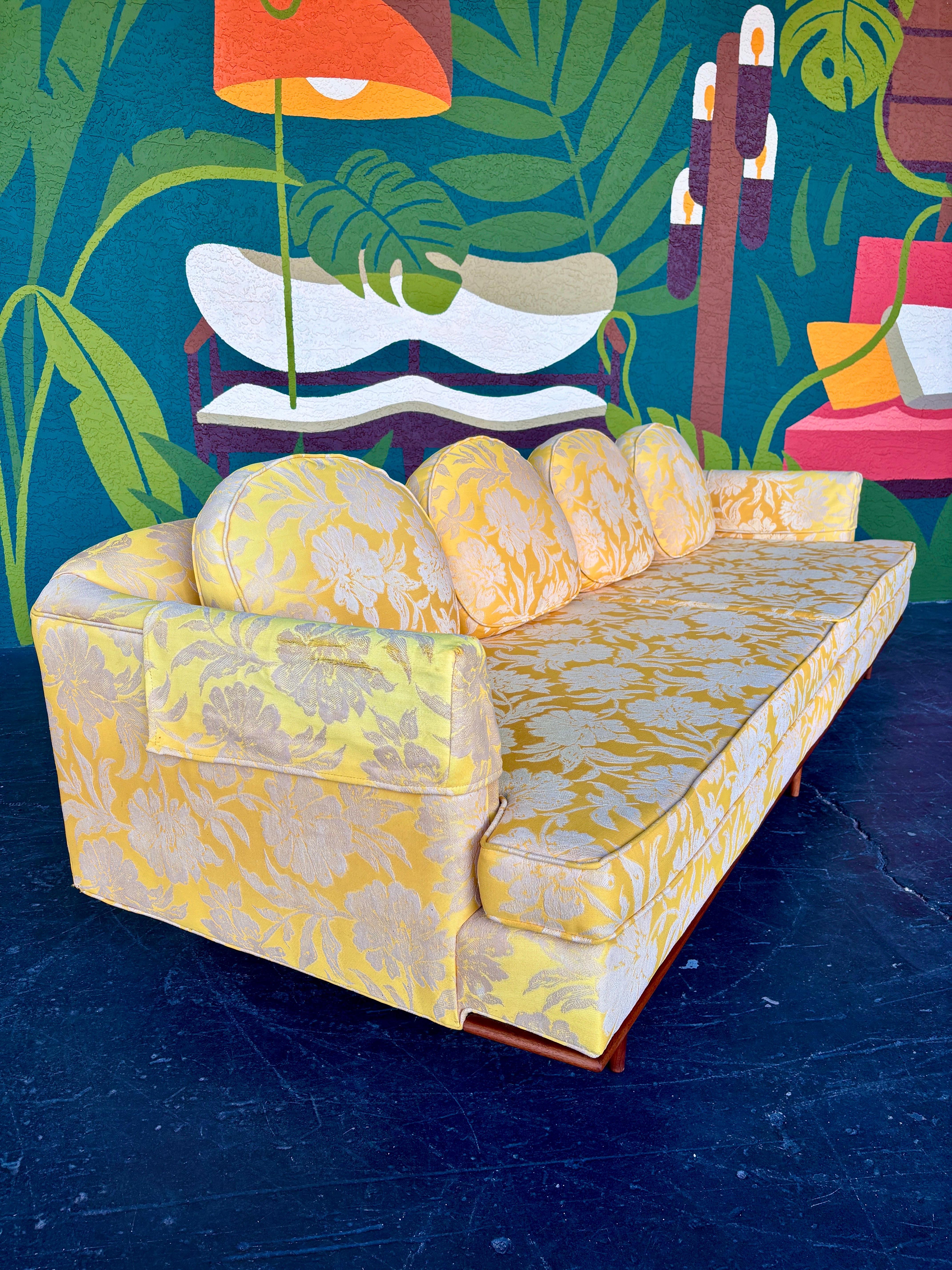 American Mid Century Modern Yellow Floral Walnut Trim Sofa